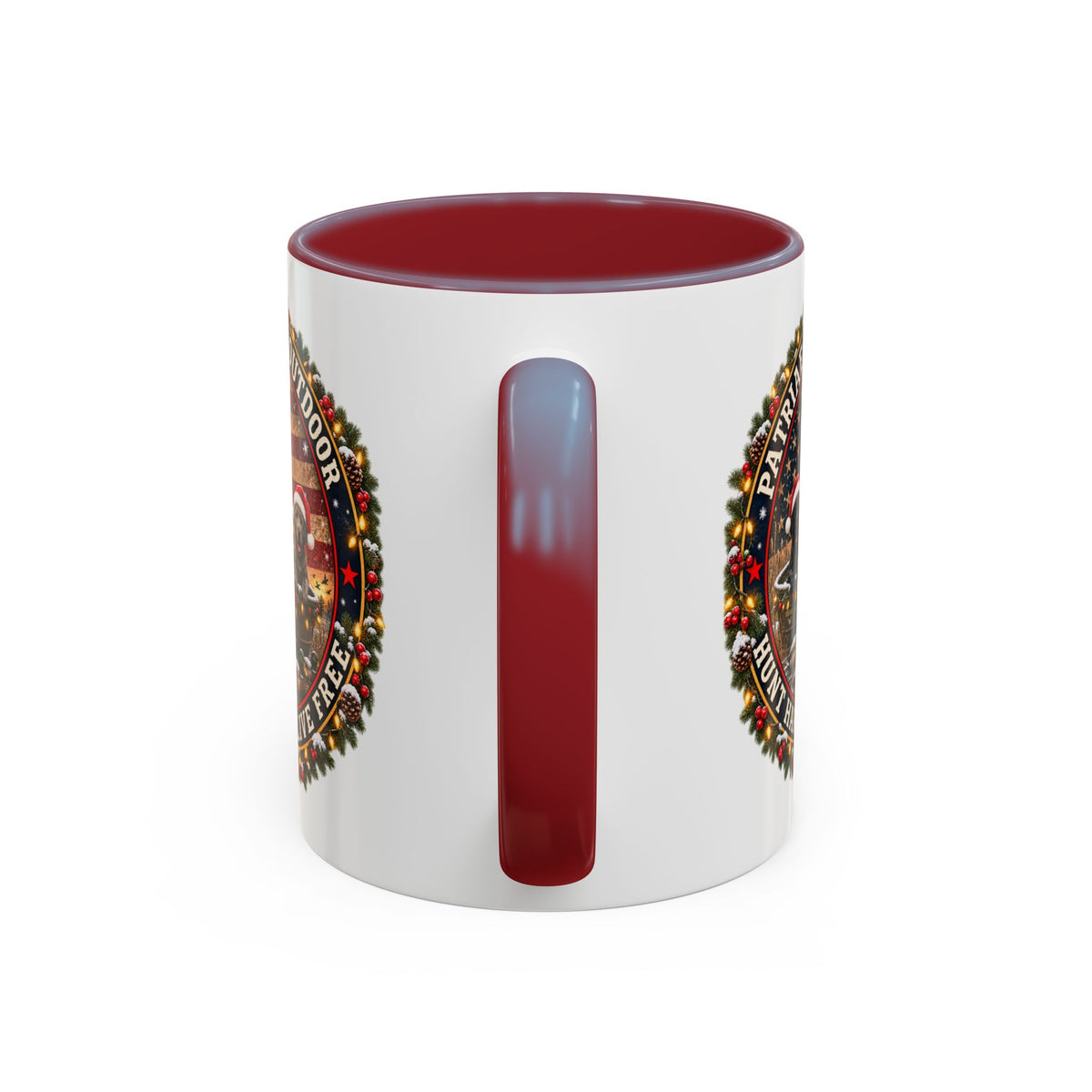 Patriæ Fidus Outdoor Christmas Coffee Mug — "Hunt Hard, Live Free" with Labrador Trio (11/15oz)