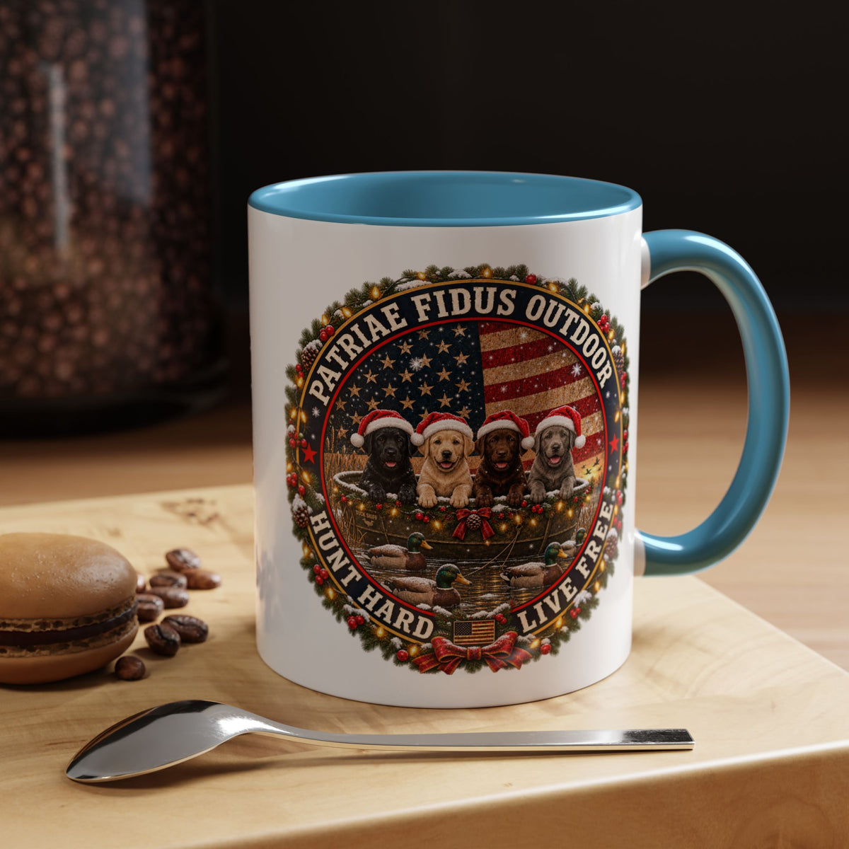 Patriæ Fidus Outdoor Christmas Coffee Mug — "Hunt Hard, Live Free" with Labrador Trio (11/15oz)