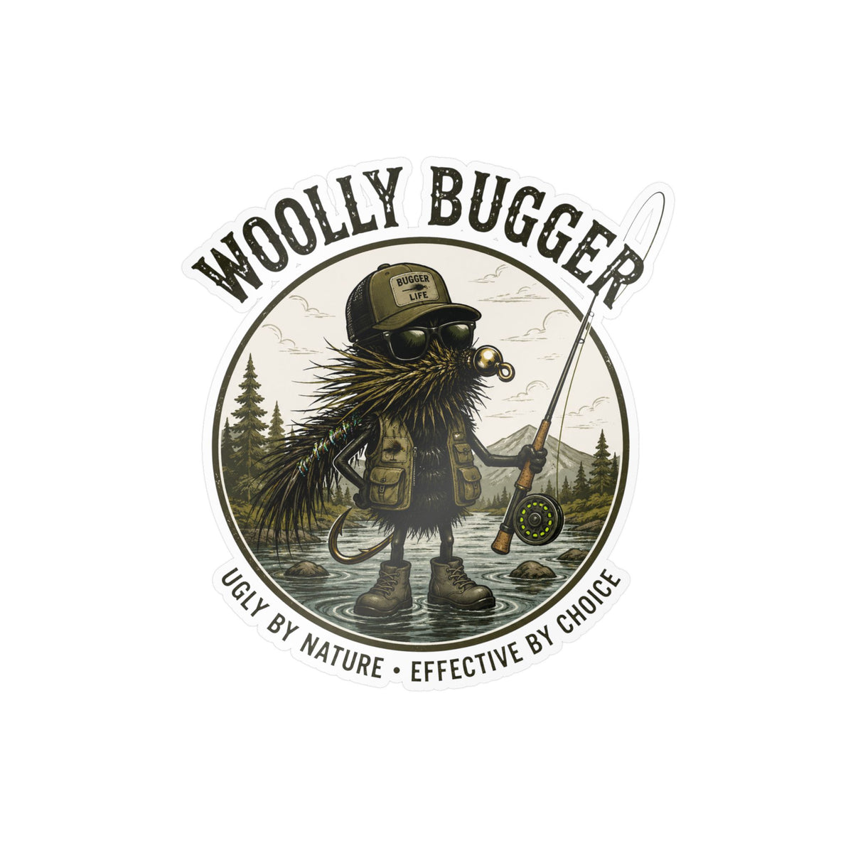 Kiss-Cut Vinyl Decal — "Woolly Bugger" Fly-Fishing Sticker (Ugly by Nature • Outdoor Angler Gift)