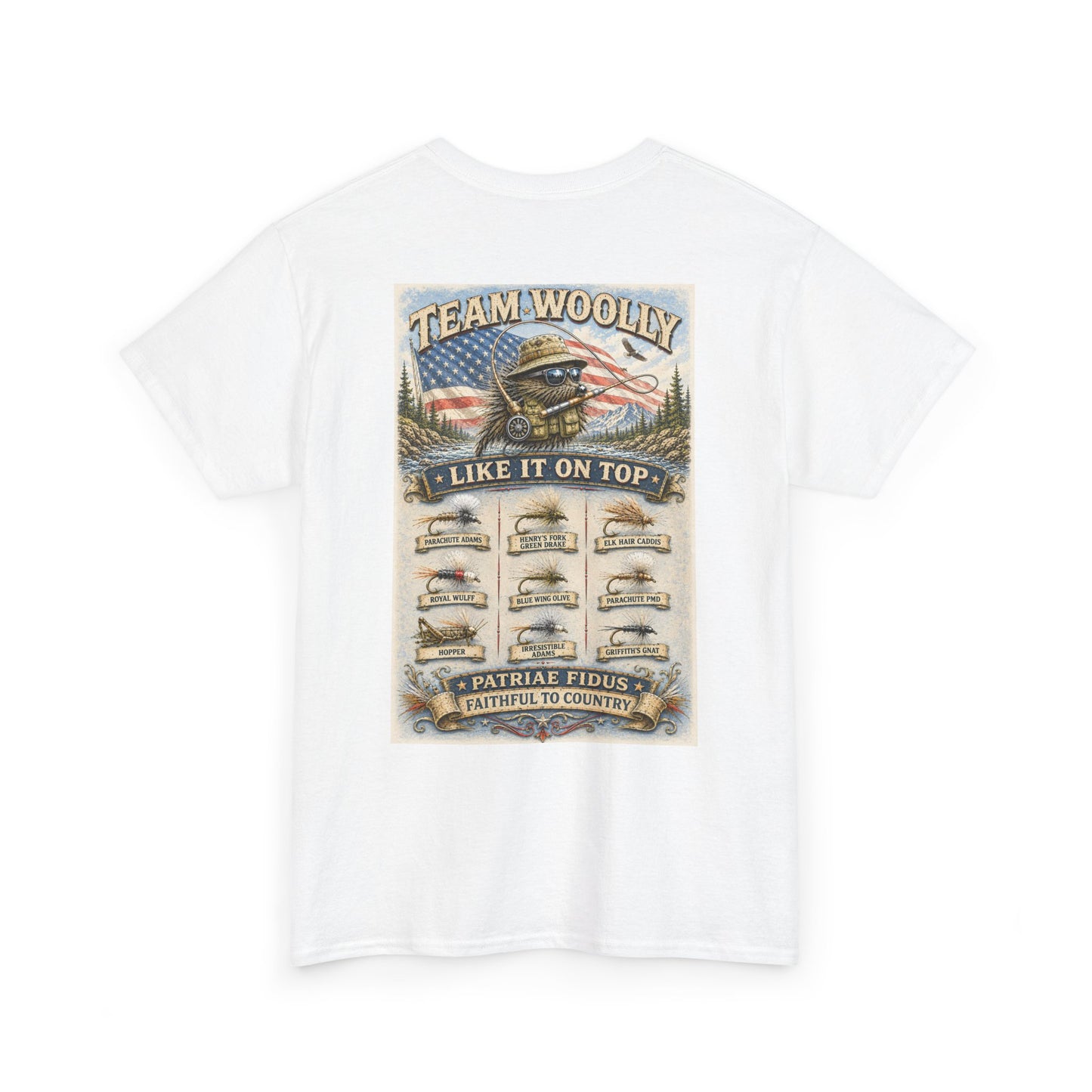 Team Woolly Dry Fly Collection T-Shirt: ("Like It On Top")