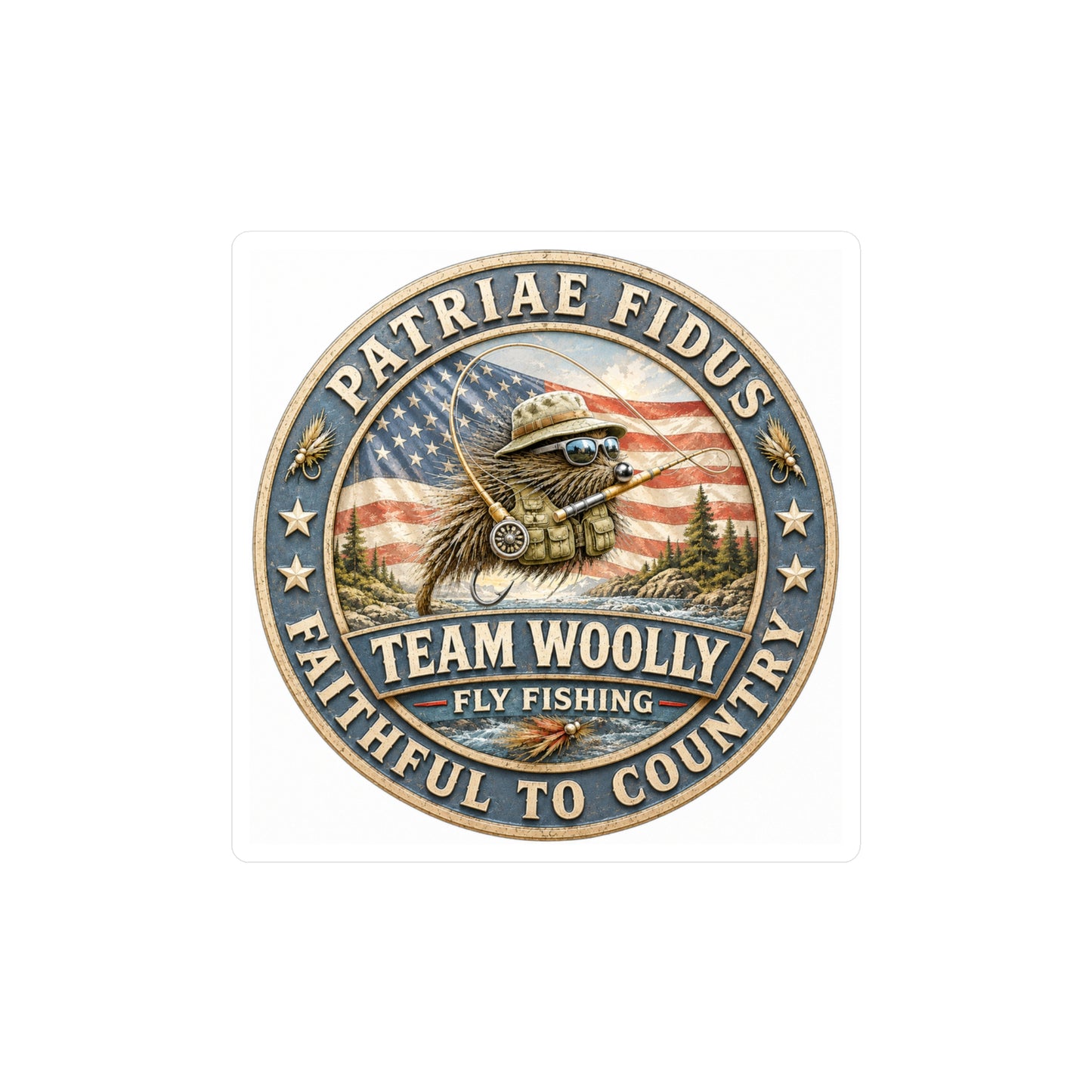 Kiss-Cut Vinyl Decal — "Team Woolly" Fly Fishing Patch with American Flag, Patriotic Outdoor Sticker