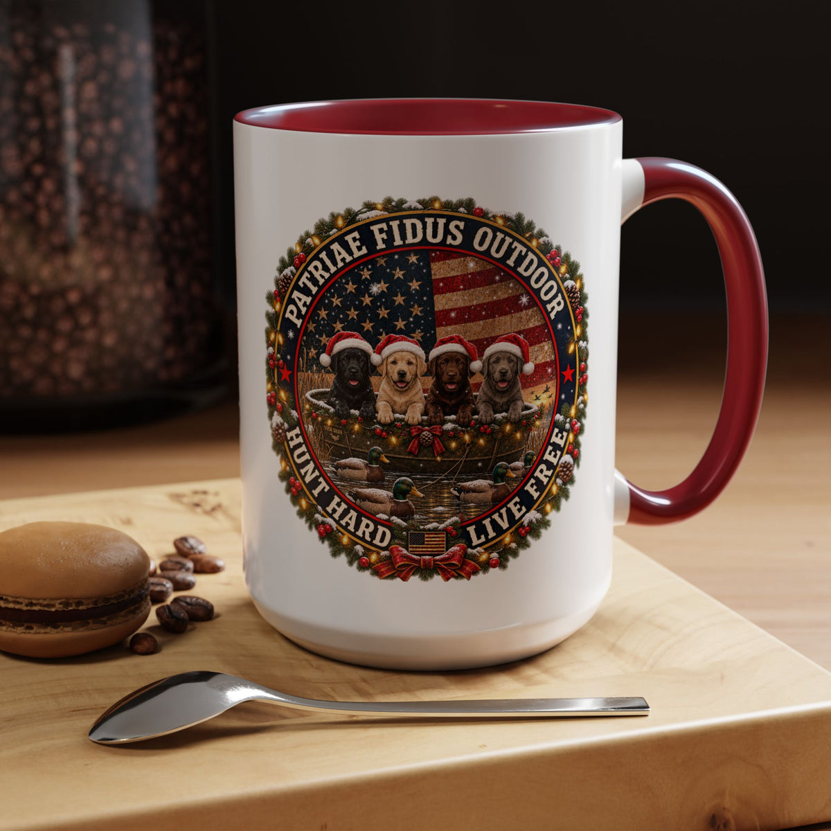 Patriæ Fidus Outdoor Christmas Coffee Mug — "Hunt Hard, Live Free" with Labrador Trio (11/15oz)