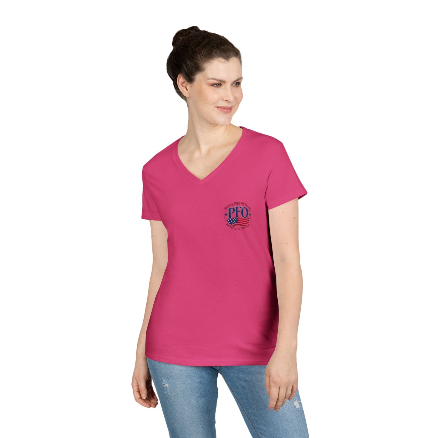 Patriae Fidus Outdoors Ladies' V-Neck T-Shirt — American Flag Hunting Logo