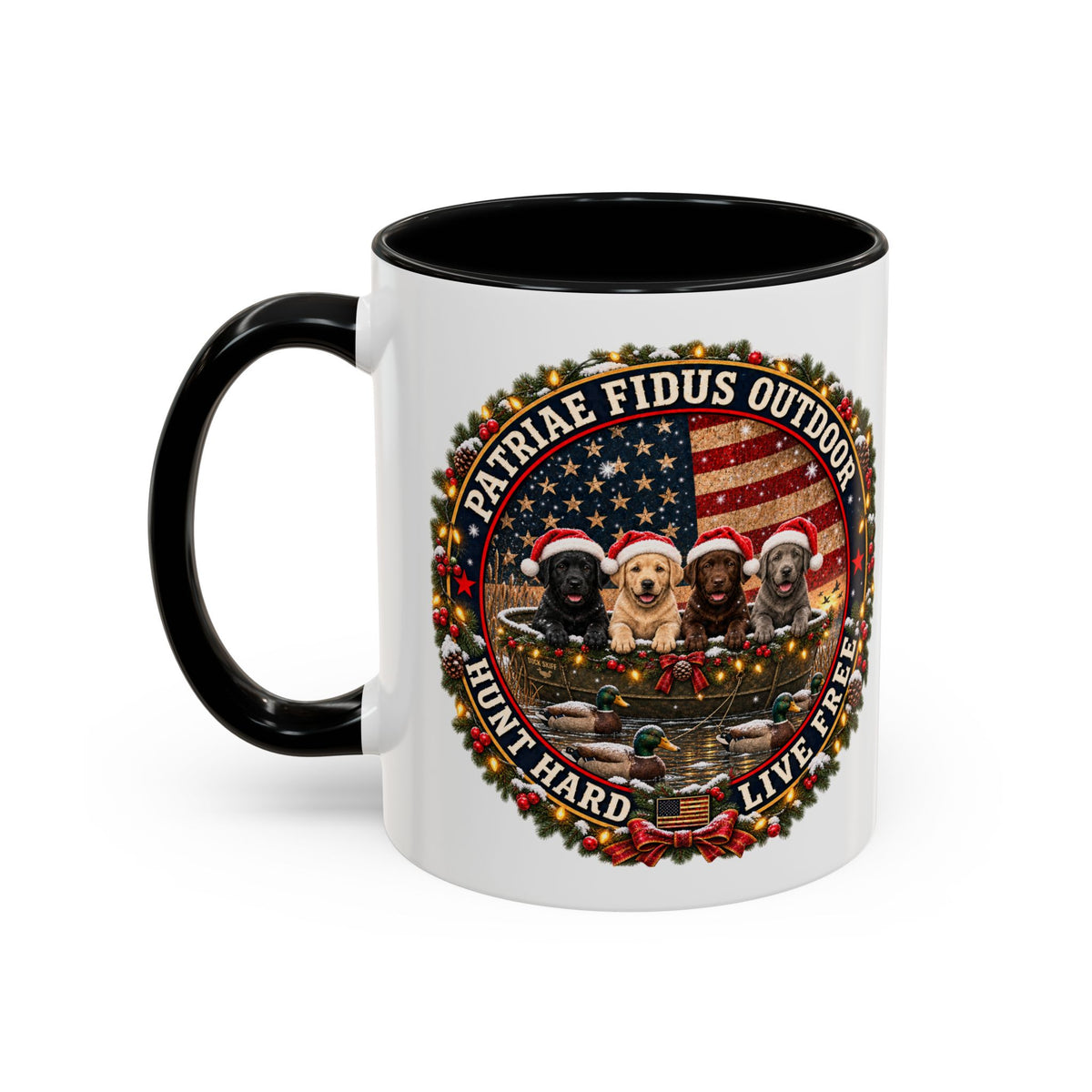 Patriæ Fidus Outdoor Christmas Coffee Mug — "Hunt Hard, Live Free" with Labrador Trio (11/15oz)