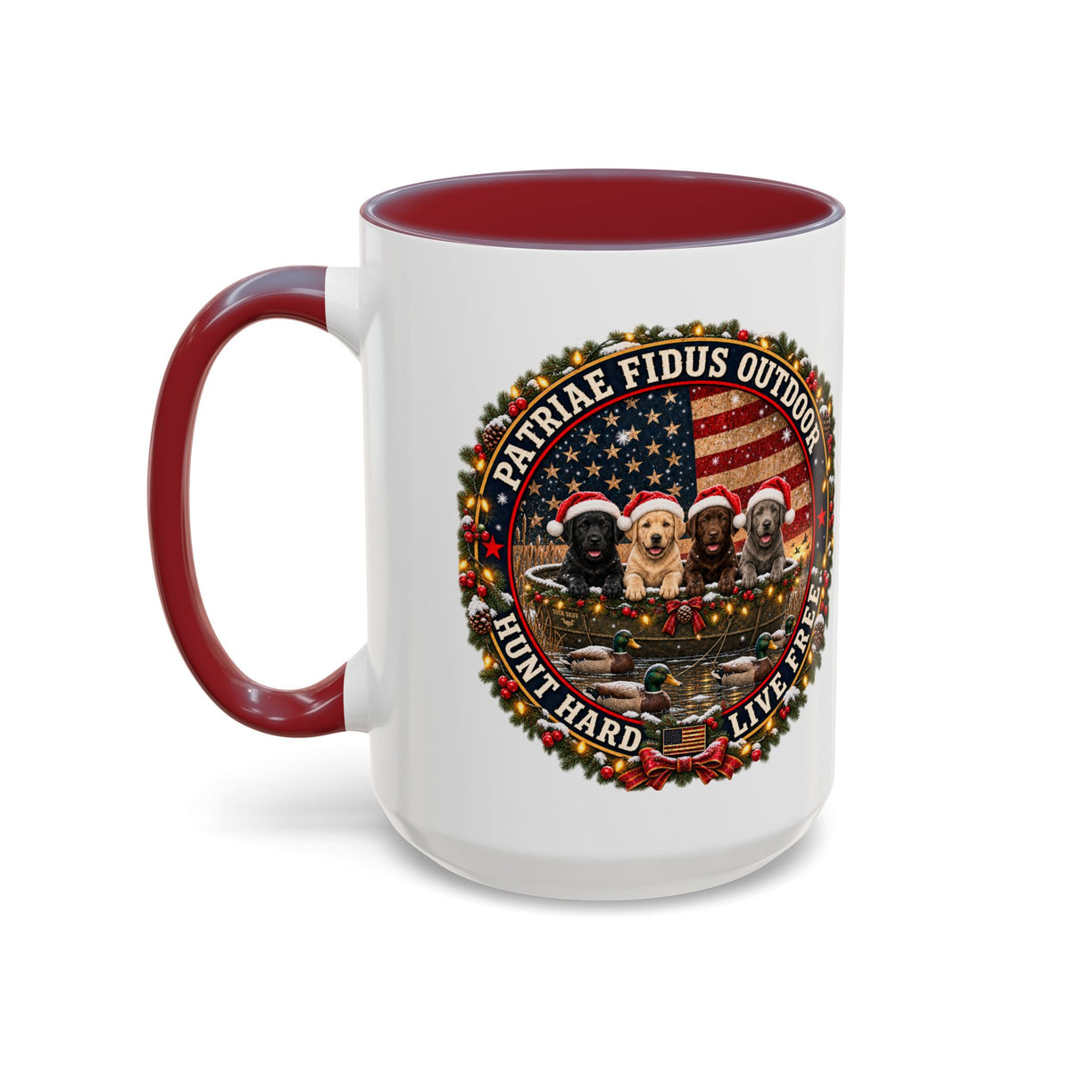 Patriæ Fidus Outdoor Christmas Coffee Mug — "Hunt Hard, Live Free" with Labrador Trio (11/15oz)