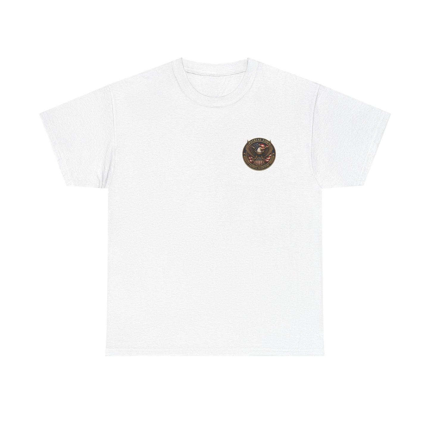Patriae Fidus Patriotic Tee — Revolutionary Soldier Flag Graphic T‑Shirt