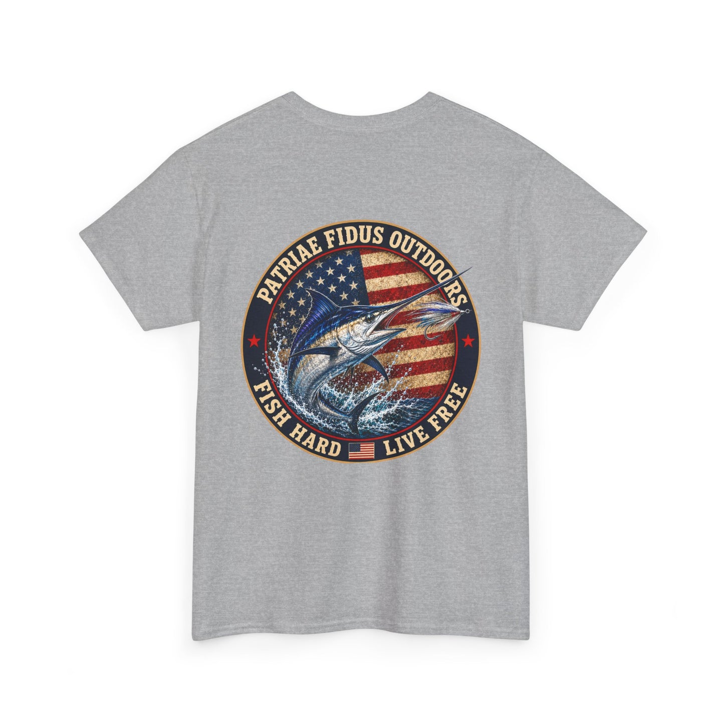 “Fish Hard Live Free” T-Shirt — Marlin Patriae Fidus Outdoors American Flag Design