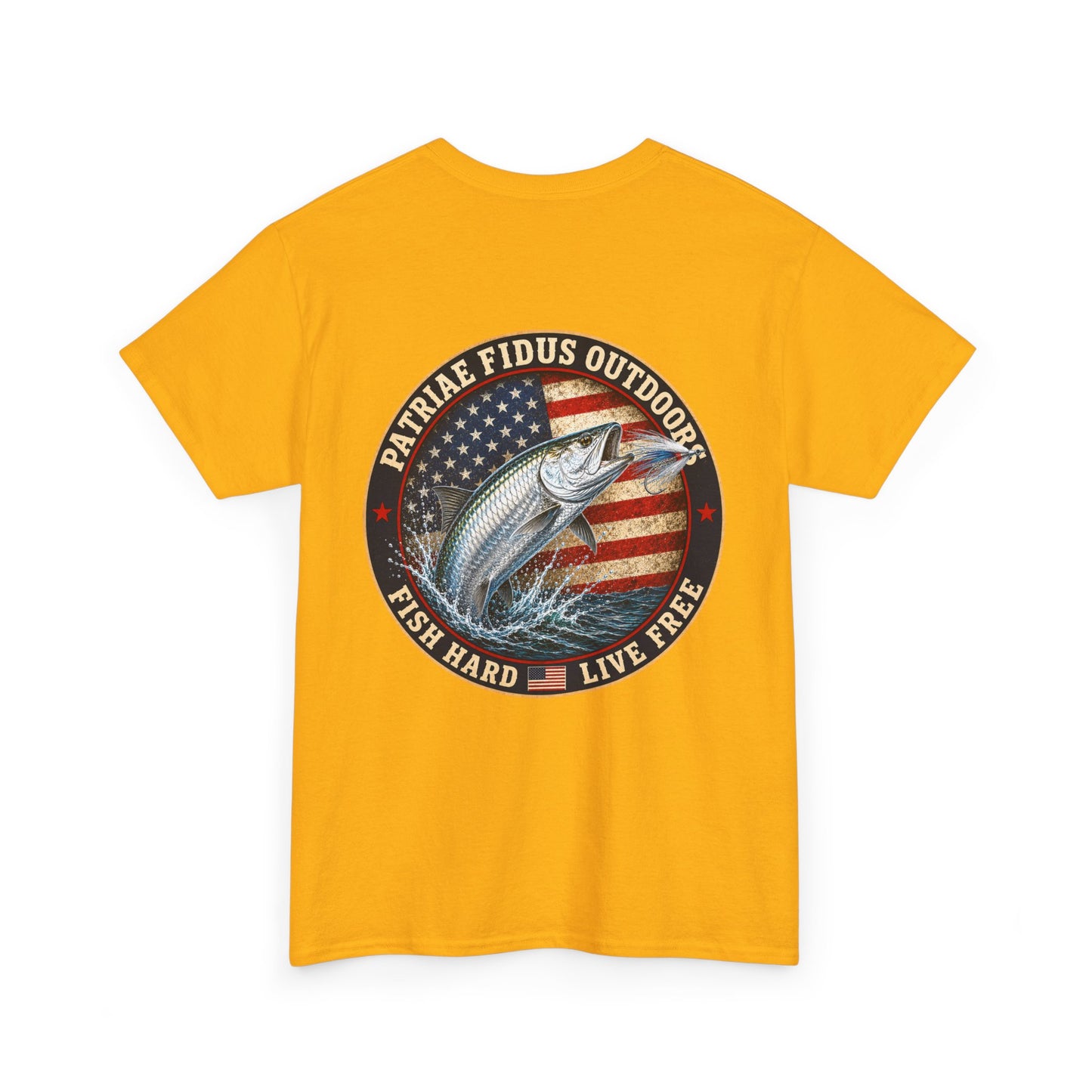“Fish Hard Live Free” T-Shirt — Tarpon Patriae Fidus Outdoors American Flag Design