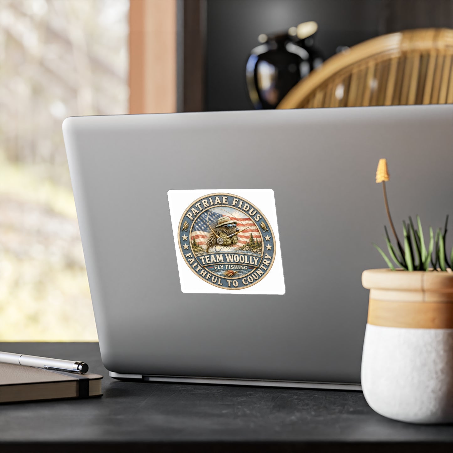 Kiss-Cut Vinyl Decal — "Team Woolly" Fly Fishing Patch with American Flag, Patriotic Outdoor Sticker