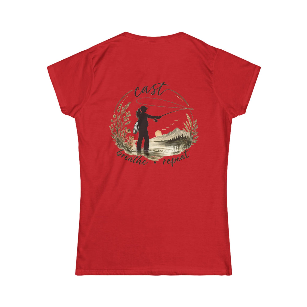 Women's Fly Fishing Tee — "Cast, Breathe, Repeat" Nature Graphic