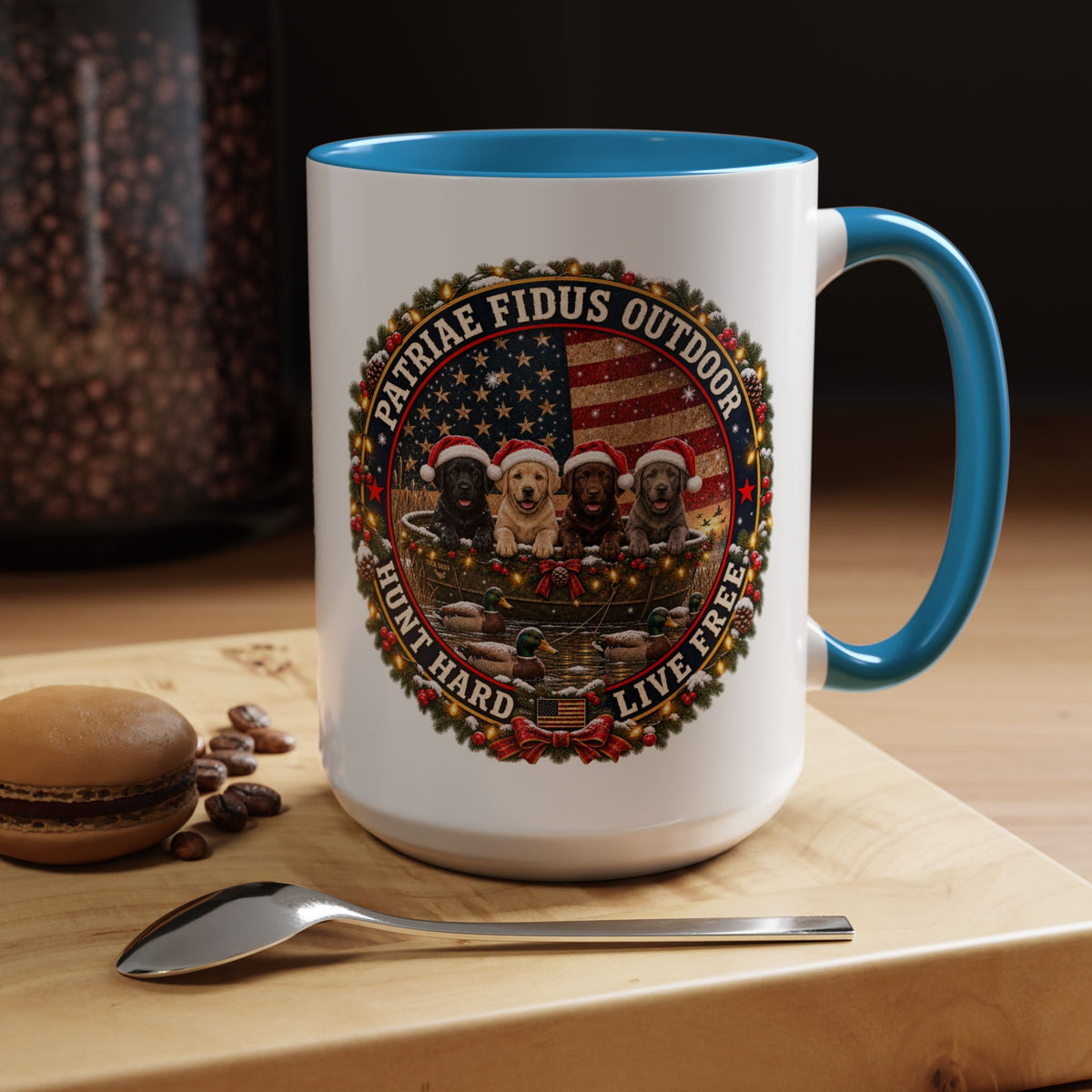 Patriæ Fidus Outdoor Christmas Coffee Mug — "Hunt Hard, Live Free" with Labrador Trio (11/15oz)