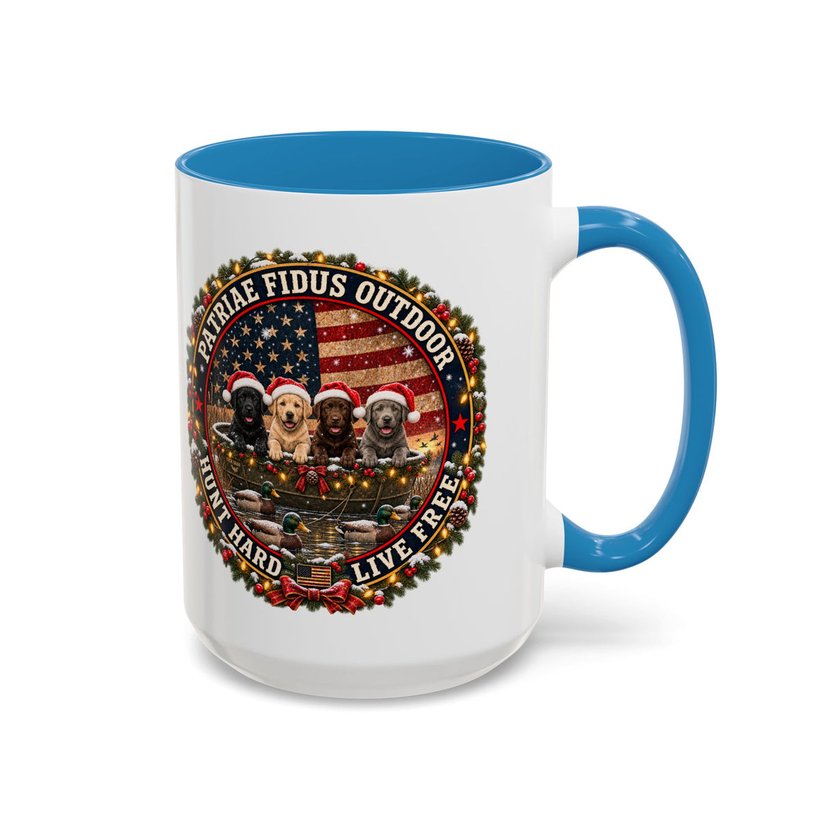 Patriæ Fidus Outdoor Christmas Coffee Mug — "Hunt Hard, Live Free" with Labrador Trio (11/15oz)