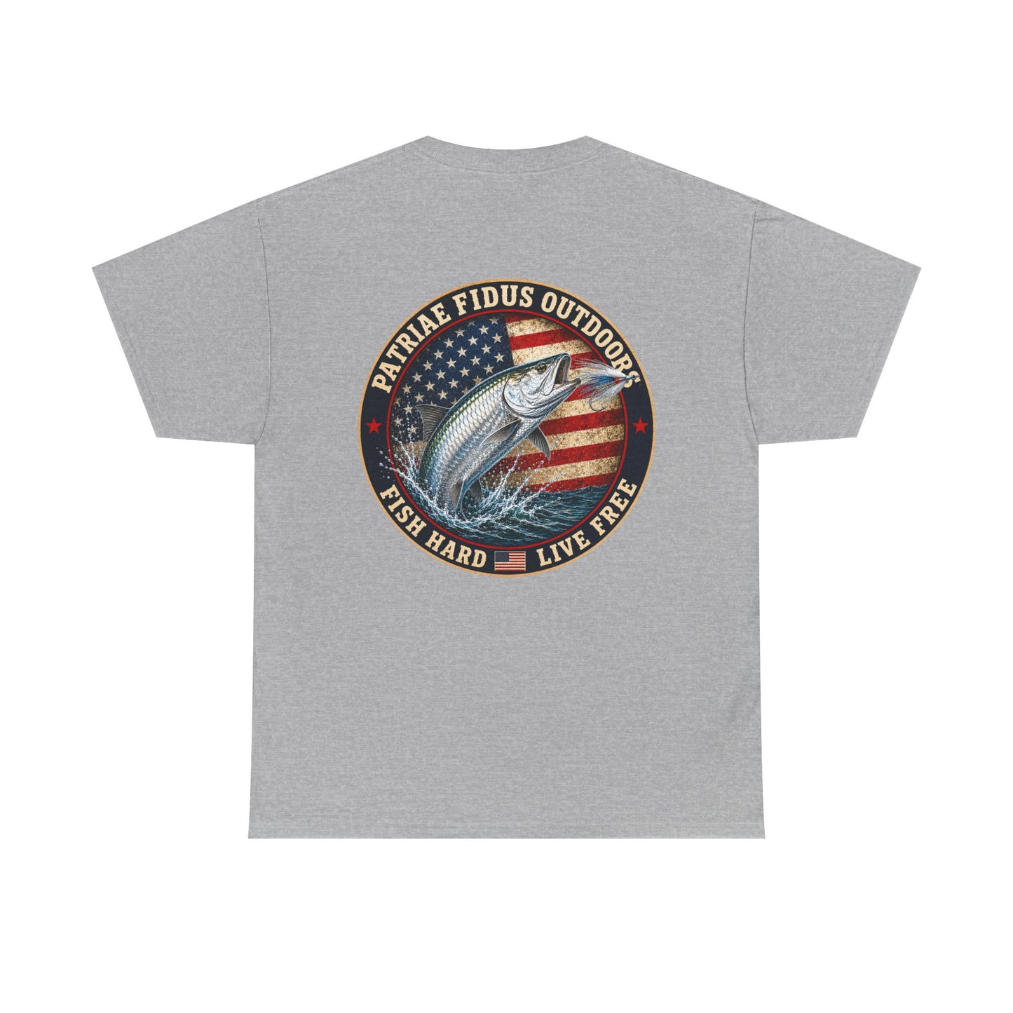 “Fish Hard Live Free” T-Shirt — Tarpon Patriae Fidus Outdoors American Flag Design