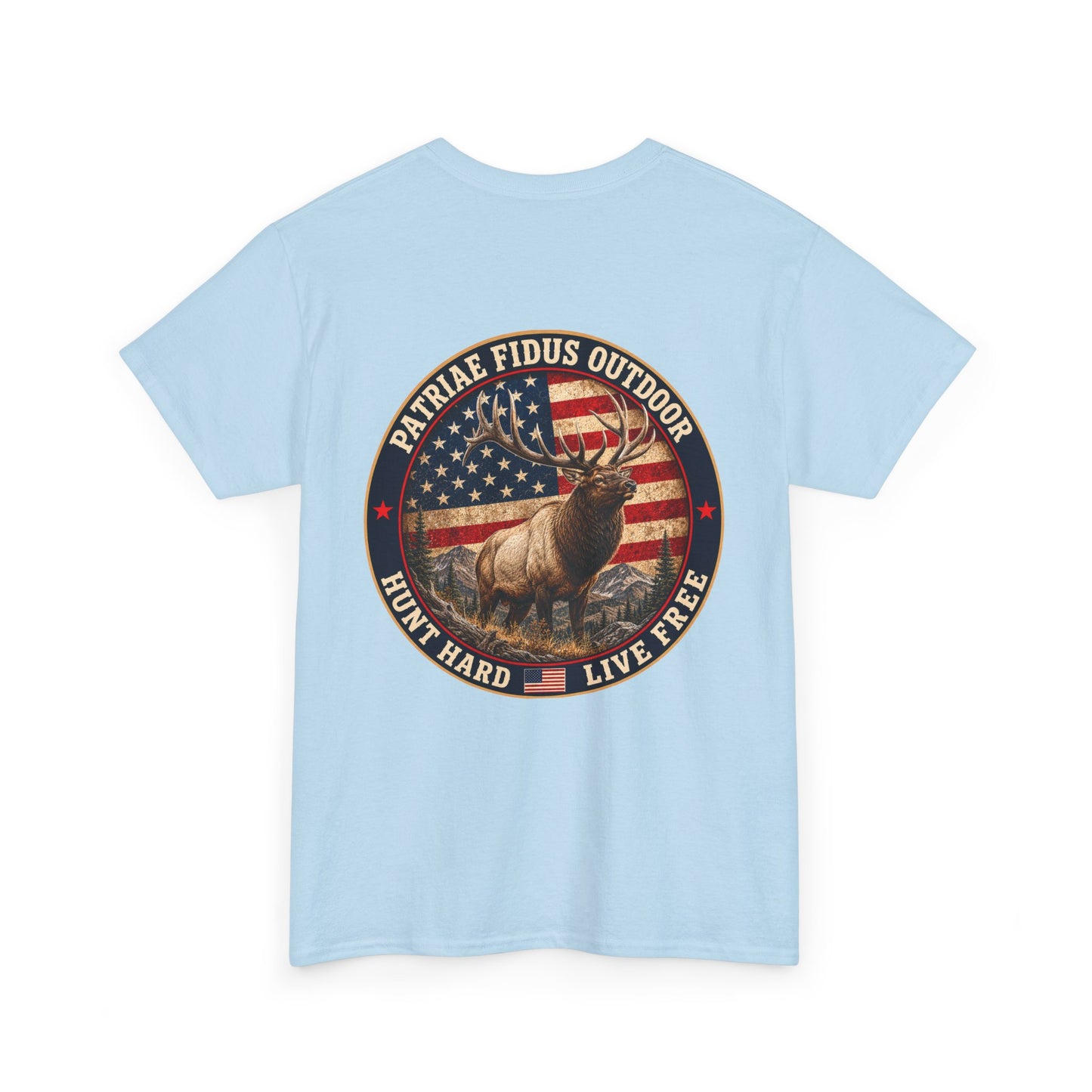 Hunting T-Shirt — Patriæ Fidus Outdoor 'Hunt Hard Live Free' American Flag Elk Tee