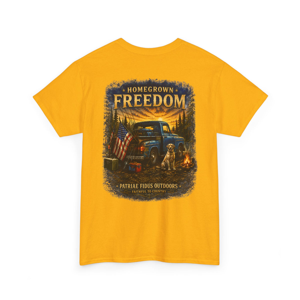 Homegrown Freedom Tee — Vintage Truck, American Flag & Campfire Graphic