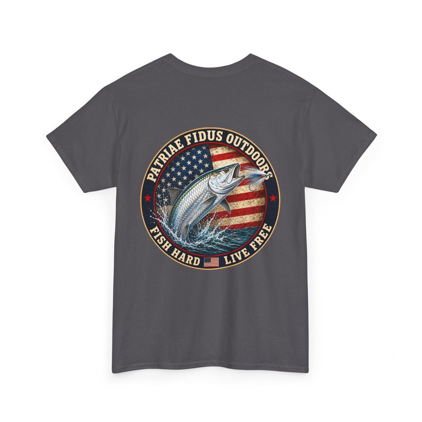 “Fish Hard Live Free” T-Shirt — Tarpon Patriae Fidus Outdoors American Flag Design
