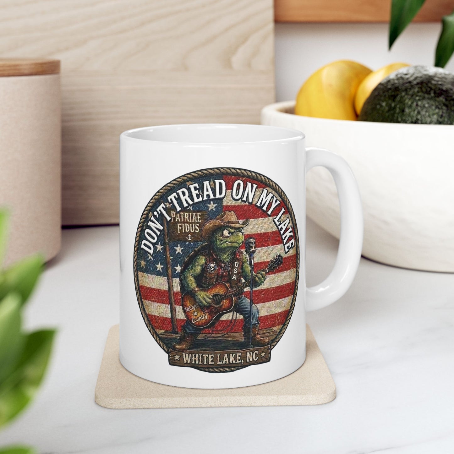 Don’t Tread On My Lake Ceramic Mug — American Flag Gadsden-Style Fishing Mug (11oz, 15oz)
