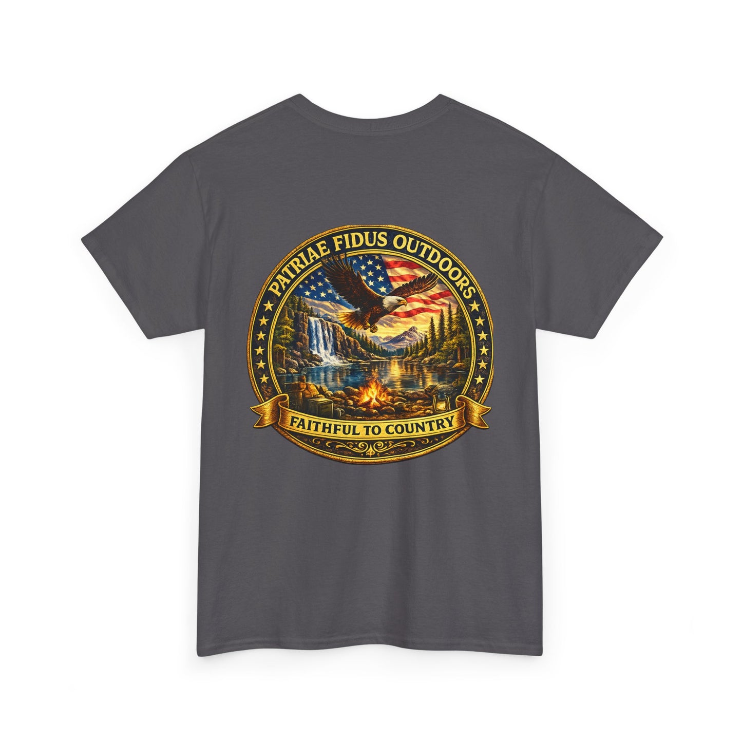 Patriae Fidus Outdoors Tee — Faithful to Country American Flag Eagle T‑Shirt