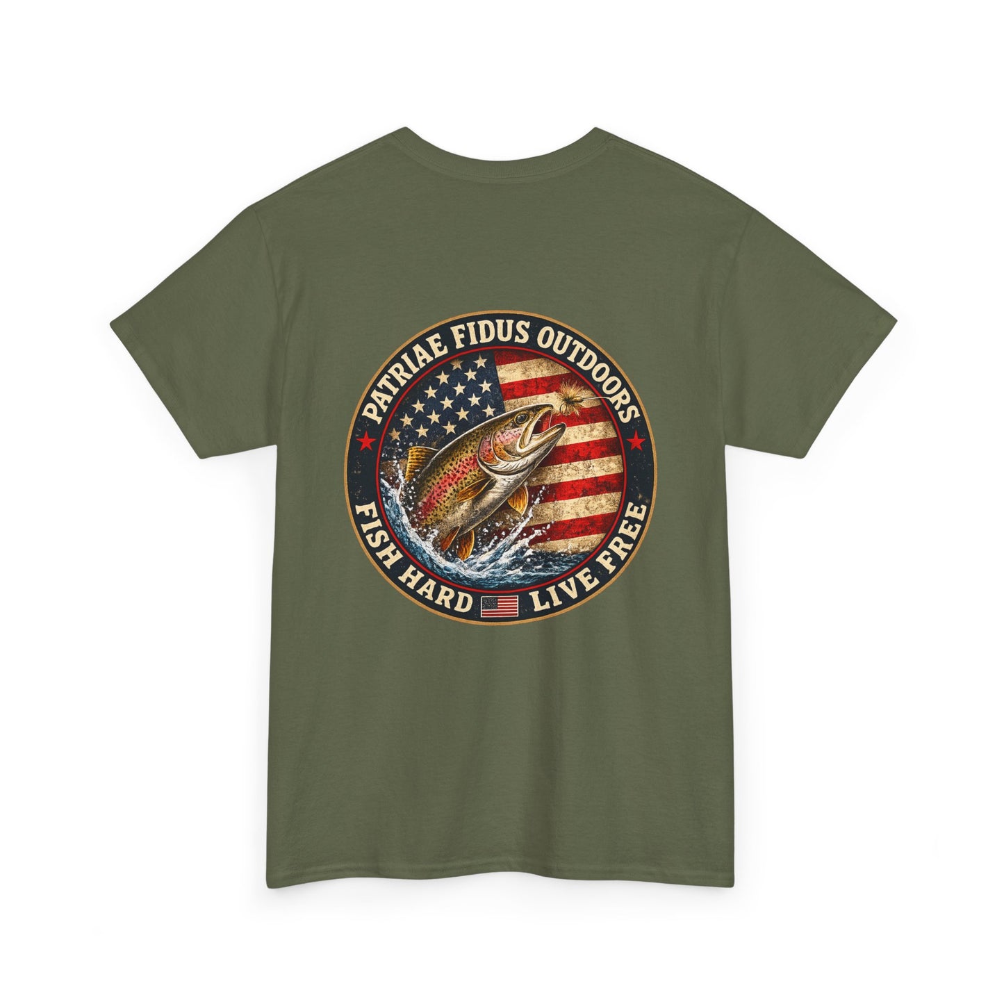 “Fish Hard Live Free” T-Shirt — Trout Patriae Fidus Outdoors American Flag Design