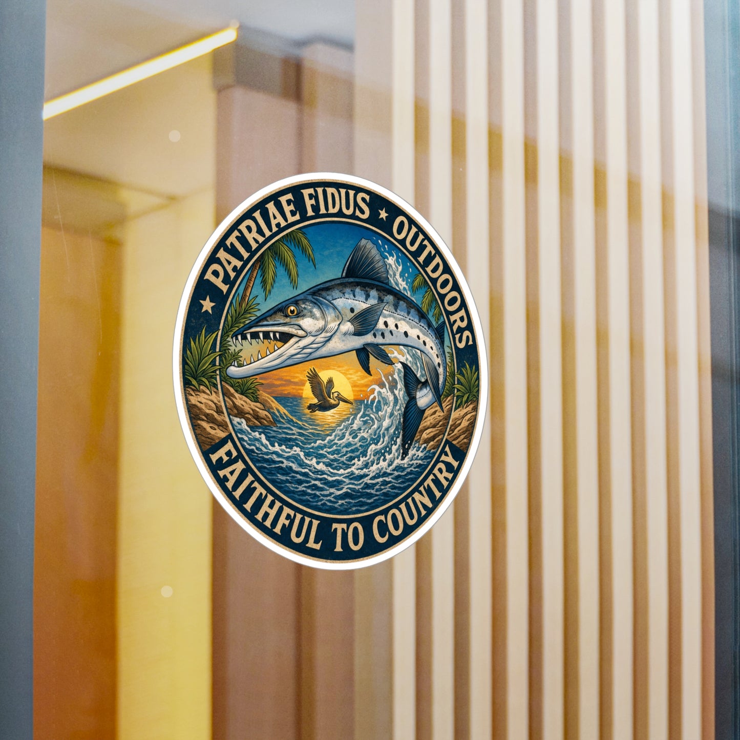 Kiss-Cut Vinyl Sticker — 'Patriae Fidus Outdoors: Faithful to Country' Fishing Emblem