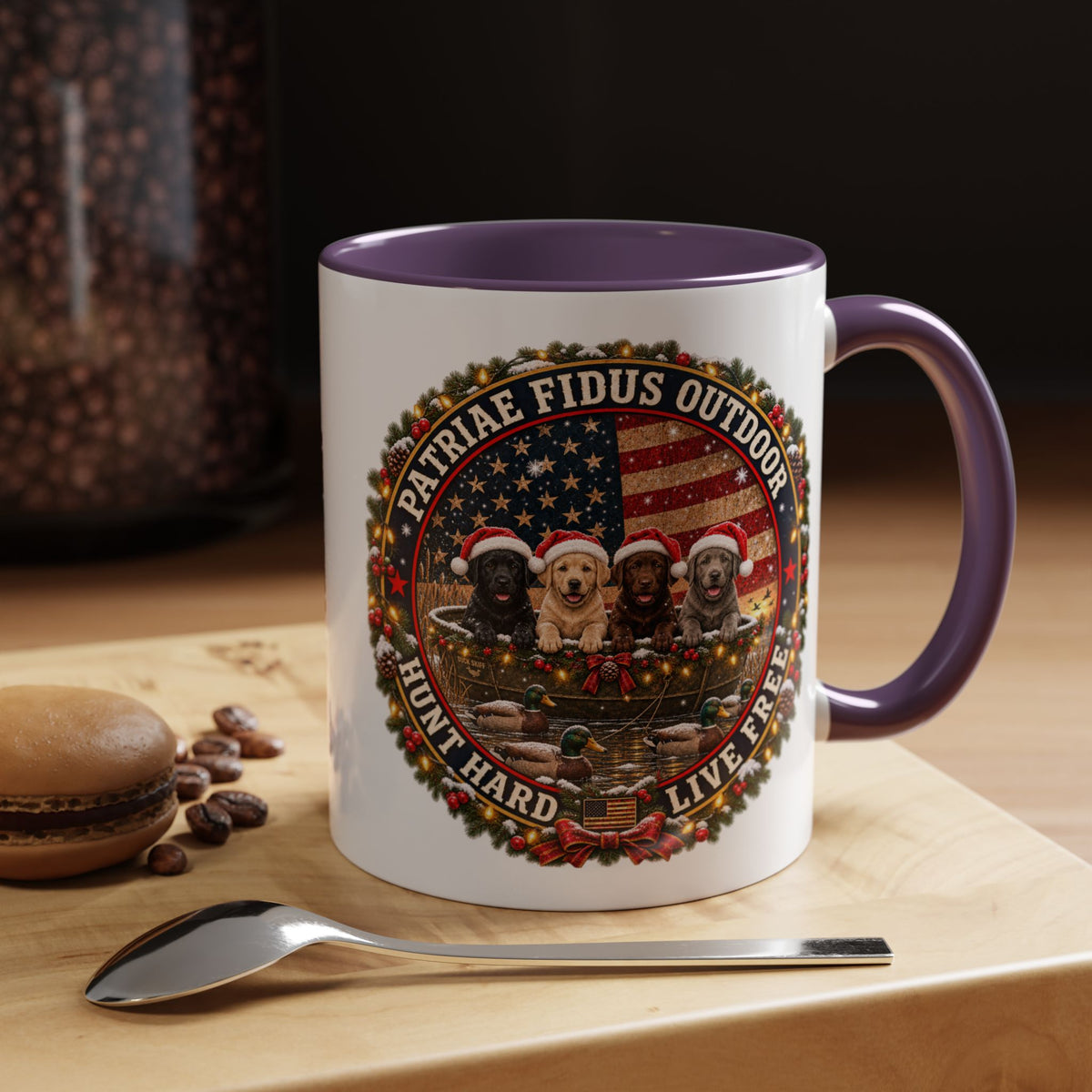 Patriæ Fidus Outdoor Christmas Coffee Mug — "Hunt Hard, Live Free" with Labrador Trio (11/15oz)