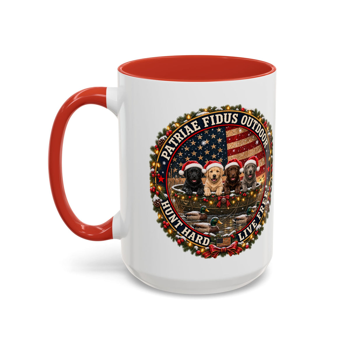 Patriæ Fidus Outdoor Christmas Coffee Mug — "Hunt Hard, Live Free" with Labrador Trio (11/15oz)