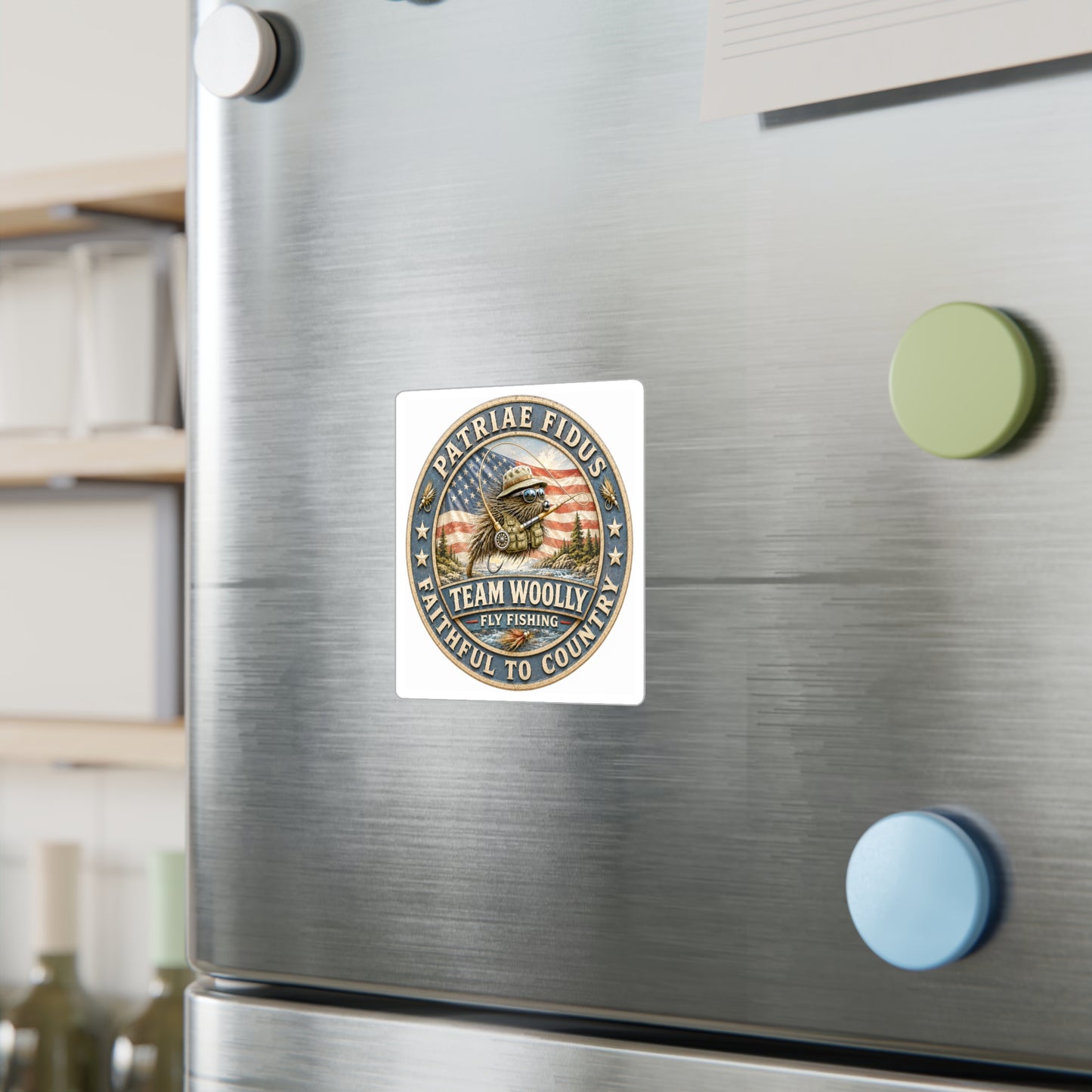Kiss-Cut Vinyl Decal — "Team Woolly" Fly Fishing Patch with American Flag, Patriotic Outdoor Sticker