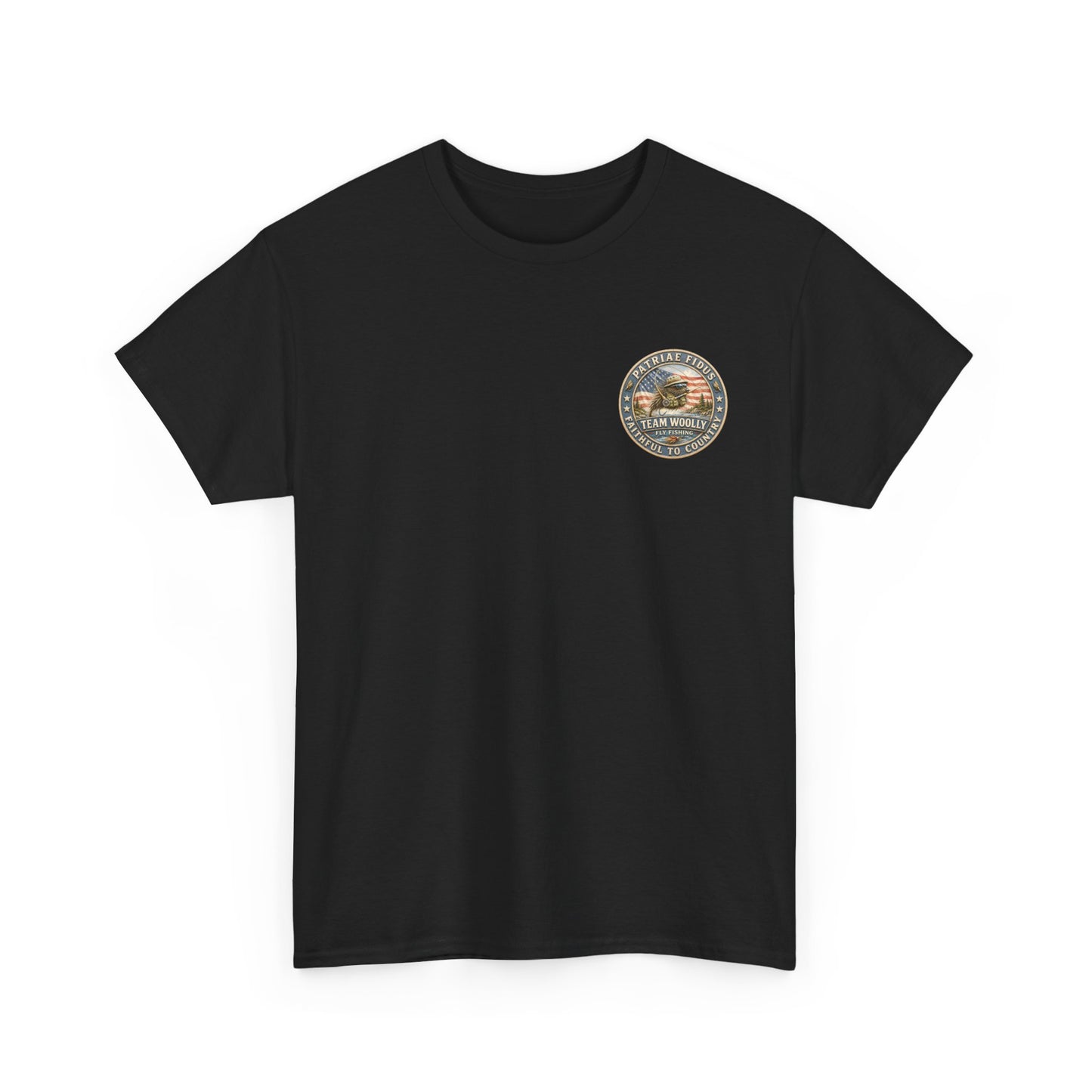 “Fish Hard Live Free” T-Shirt — Trout Patriae Fidus Outdoors American Flag Design