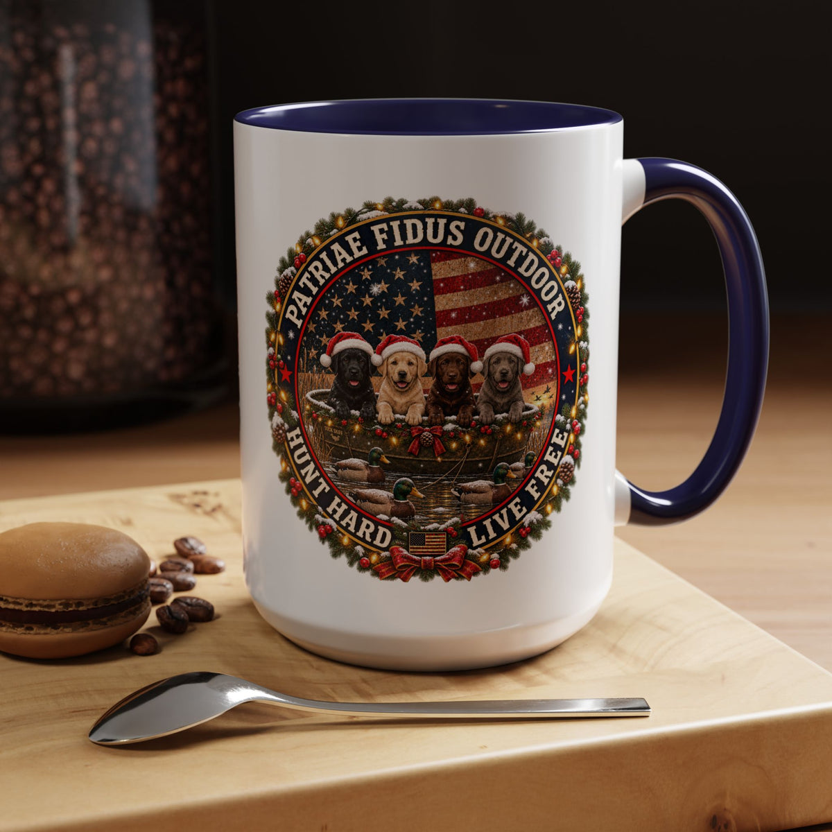 Patriæ Fidus Outdoor Christmas Coffee Mug — "Hunt Hard, Live Free" with Labrador Trio (11/15oz)