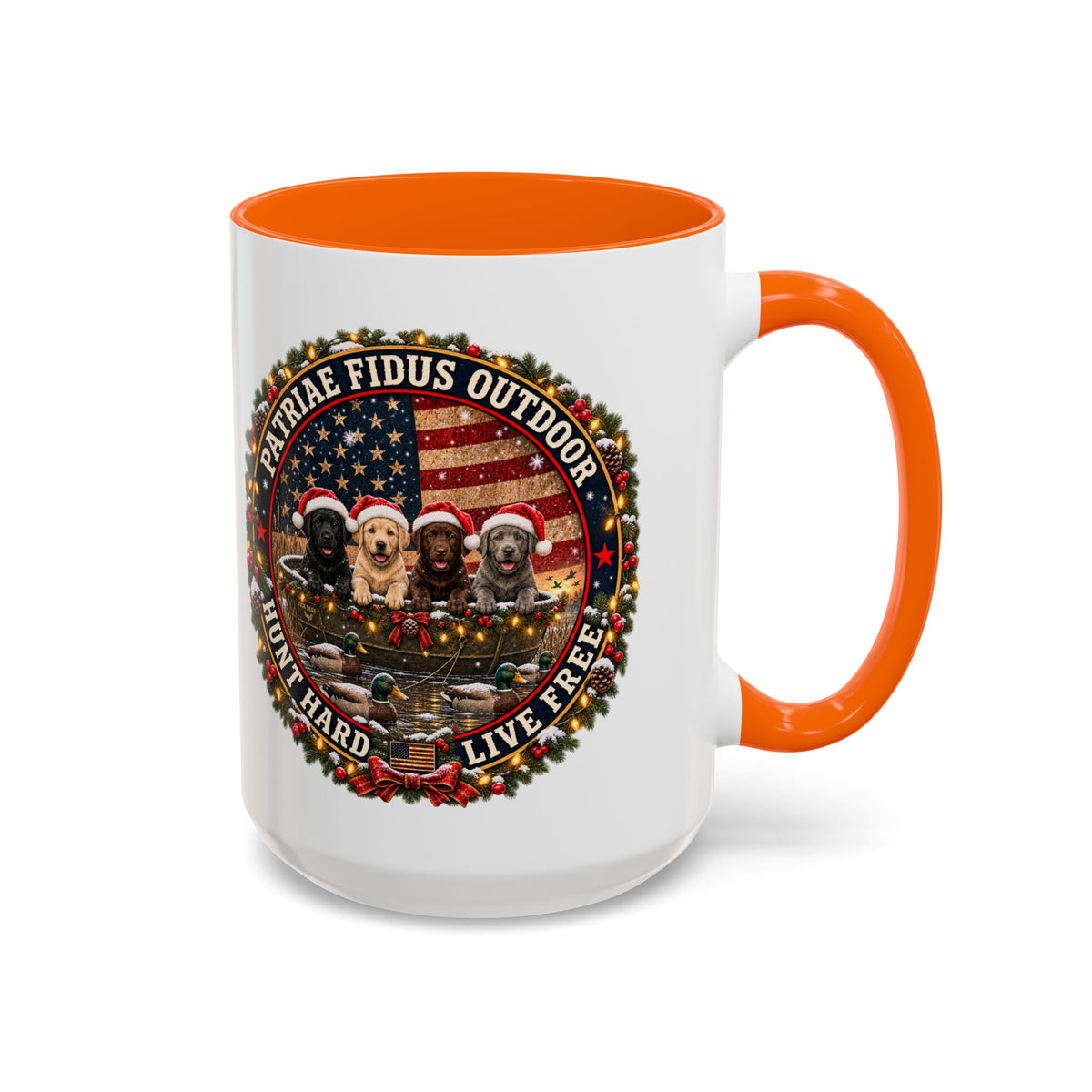 Patriæ Fidus Outdoor Christmas Coffee Mug — "Hunt Hard, Live Free" with Labrador Trio (11/15oz)