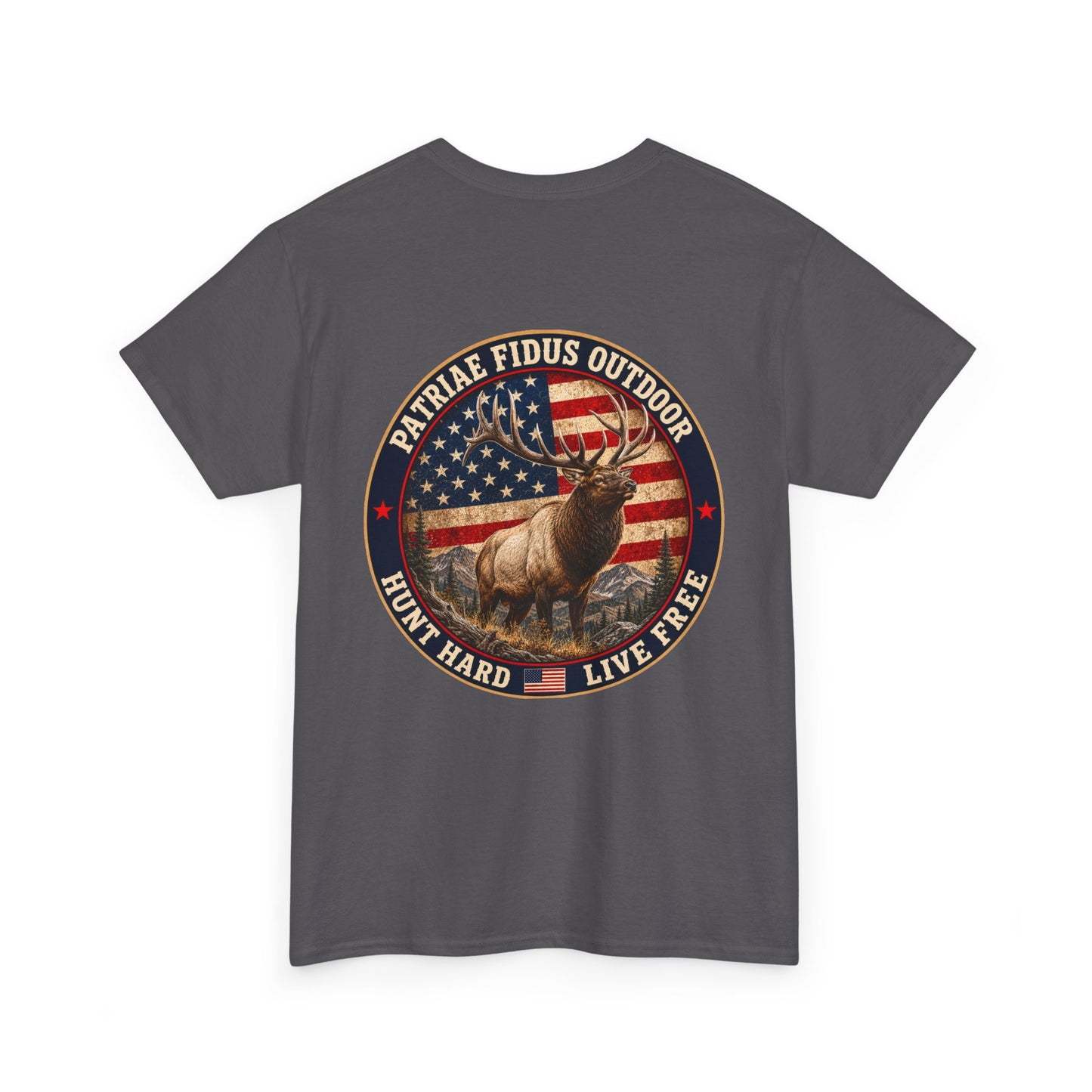 Hunting T-Shirt — Patriæ Fidus Outdoor 'Hunt Hard Live Free' American Flag Elk Tee