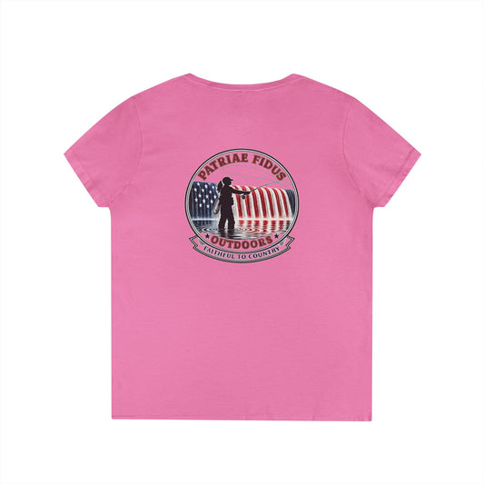 Patriae Fidus Outdoors Ladies' V-Neck T-Shirt — American Flag Hunting Logo