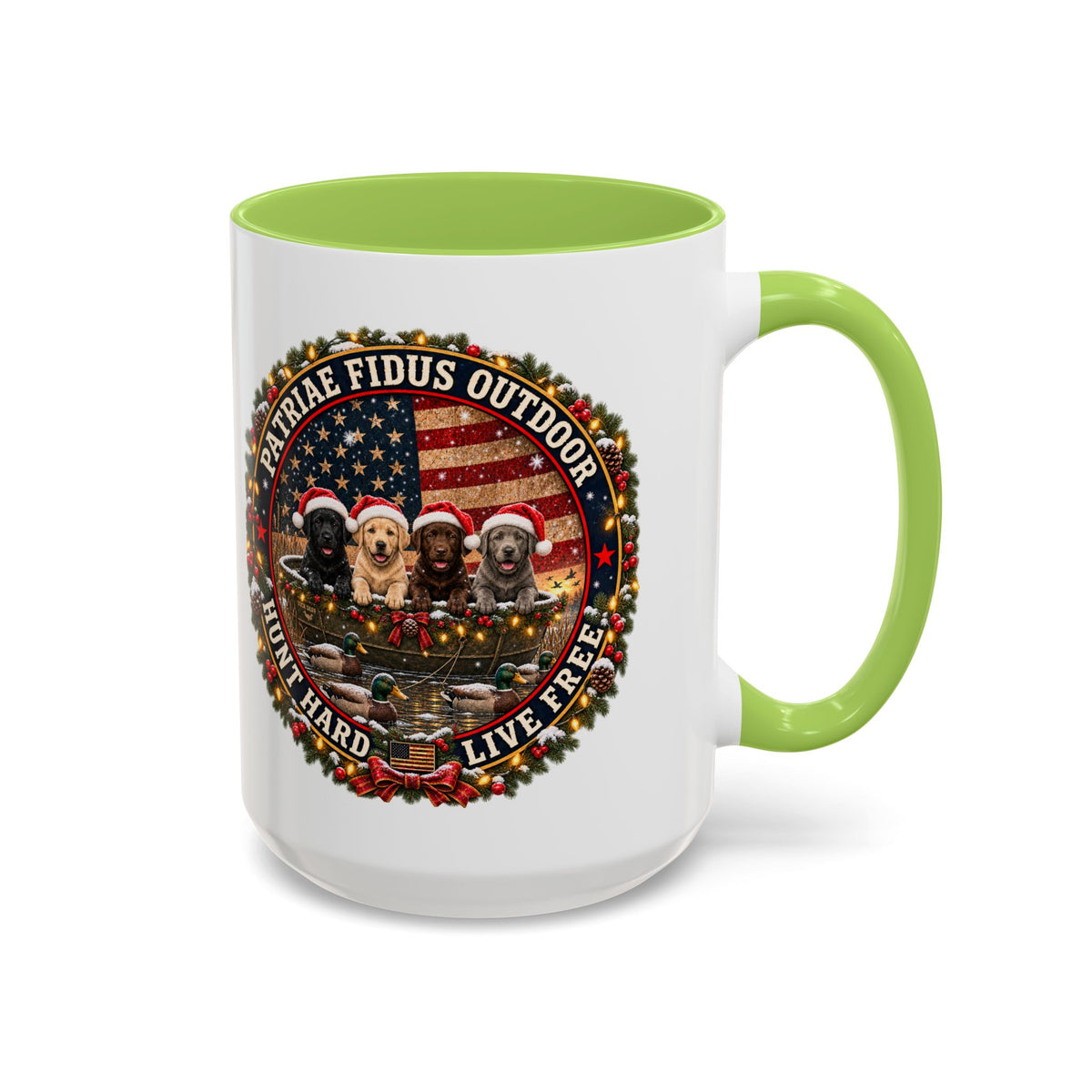 Patriæ Fidus Outdoor Christmas Coffee Mug — "Hunt Hard, Live Free" with Labrador Trio (11/15oz)