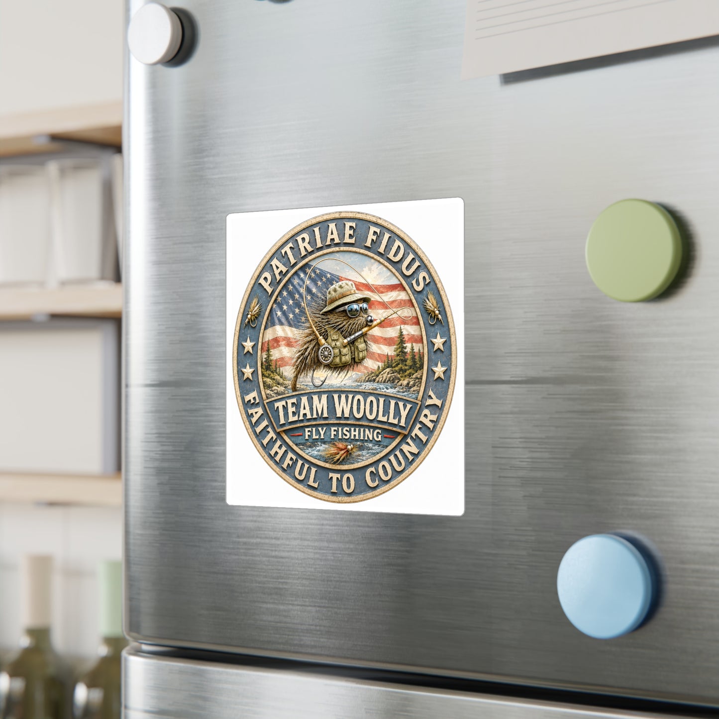 Kiss-Cut Vinyl Decal — "Team Woolly" Fly Fishing Patch with American Flag, Patriotic Outdoor Sticker