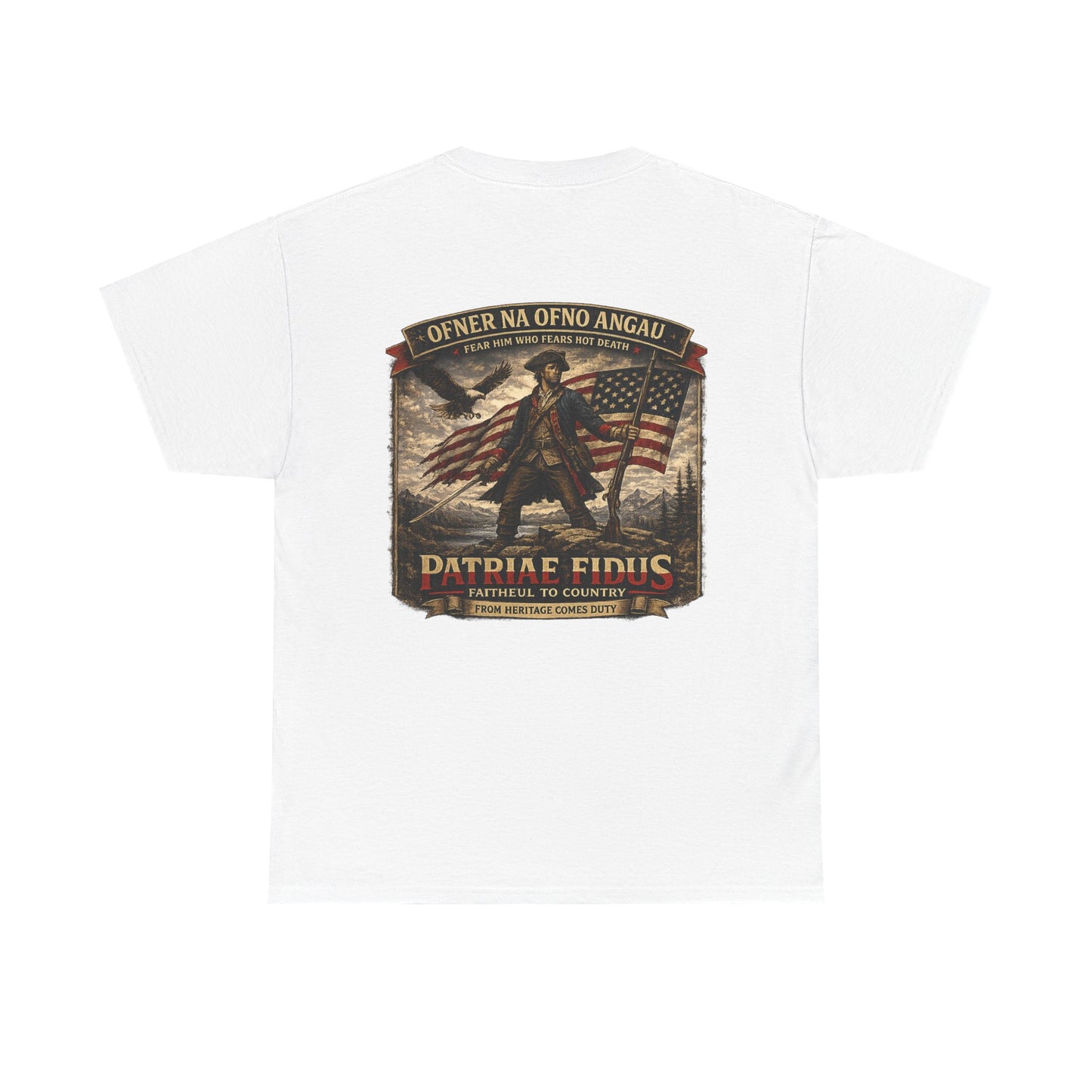 Patriae Fidus Patriotic Tee — Revolutionary Soldier Flag Graphic T‑Shirt