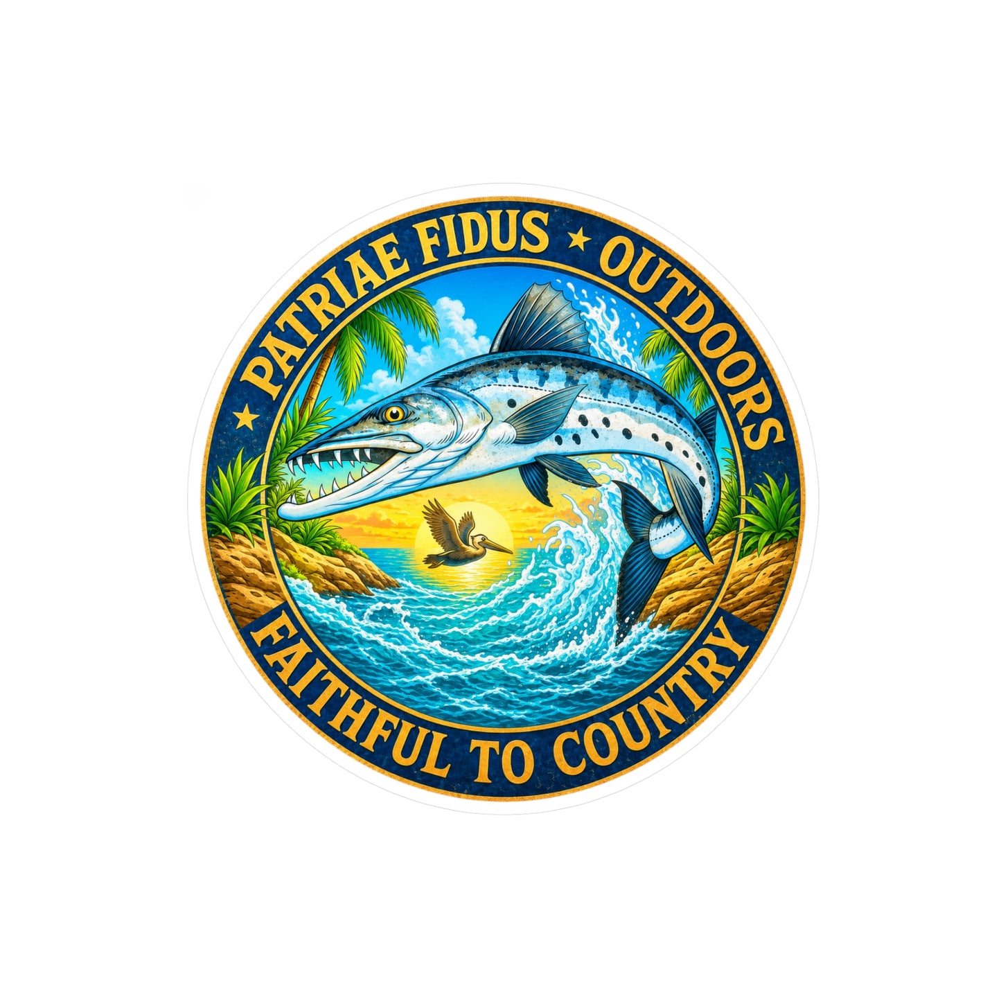 Kiss-Cut Vinyl Decal — Saltwater Fishing Logo: “Patriae Fidus Outdoors — Faithful to Country”