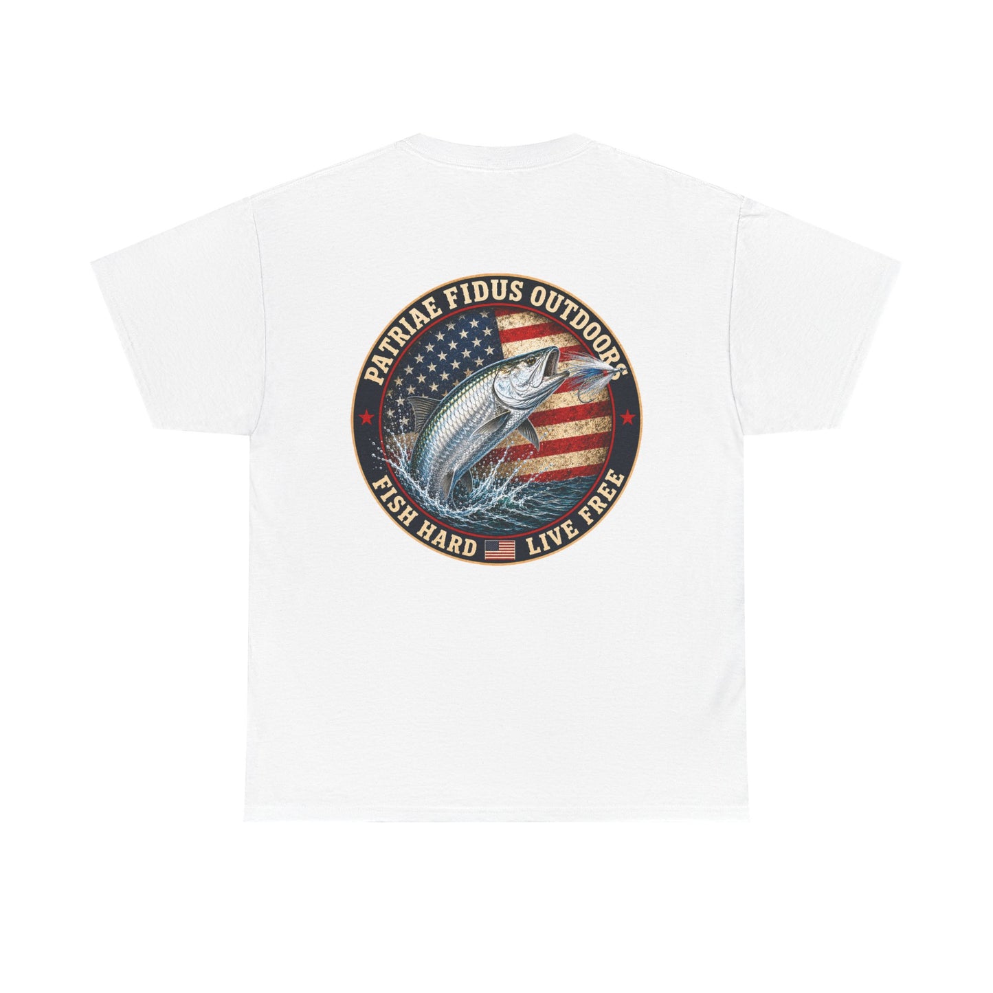 “Fish Hard Live Free” T-Shirt — Tarpon Patriae Fidus Outdoors American Flag Design
