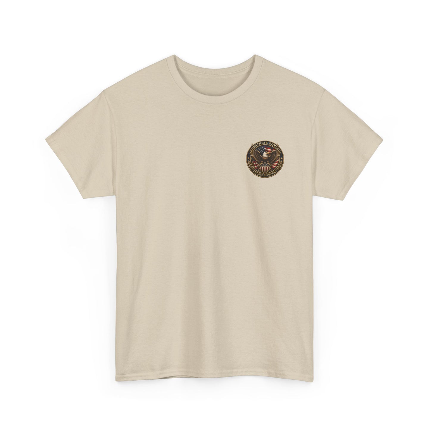 Patriae Fidus Patriotic Tee — Revolutionary Soldier Flag Graphic T‑Shirt