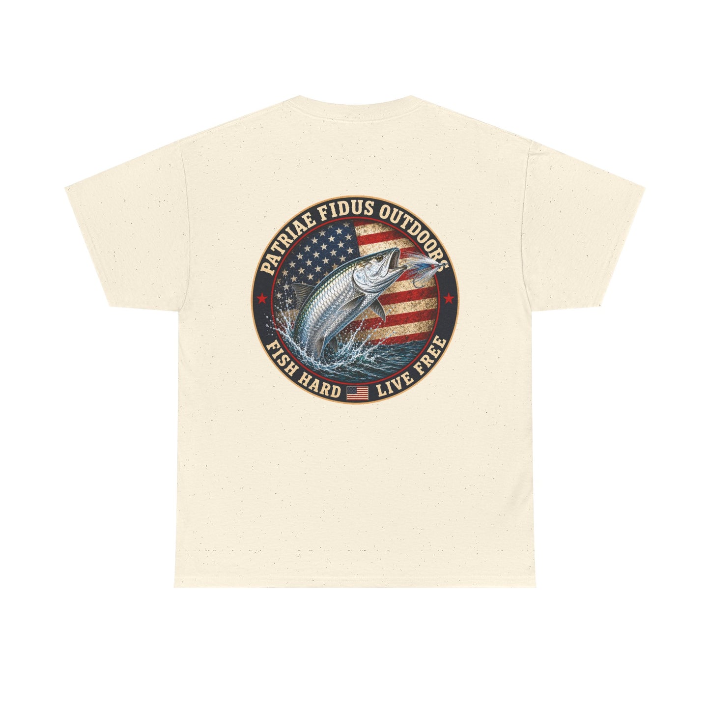 “Fish Hard Live Free” T-Shirt — Tarpon Patriae Fidus Outdoors American Flag Design