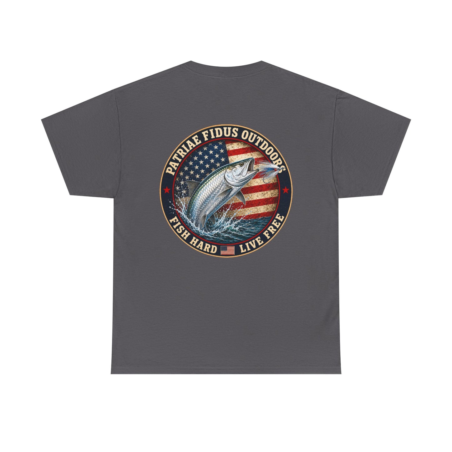 “Fish Hard Live Free” T-Shirt — Tarpon Patriae Fidus Outdoors American Flag Design