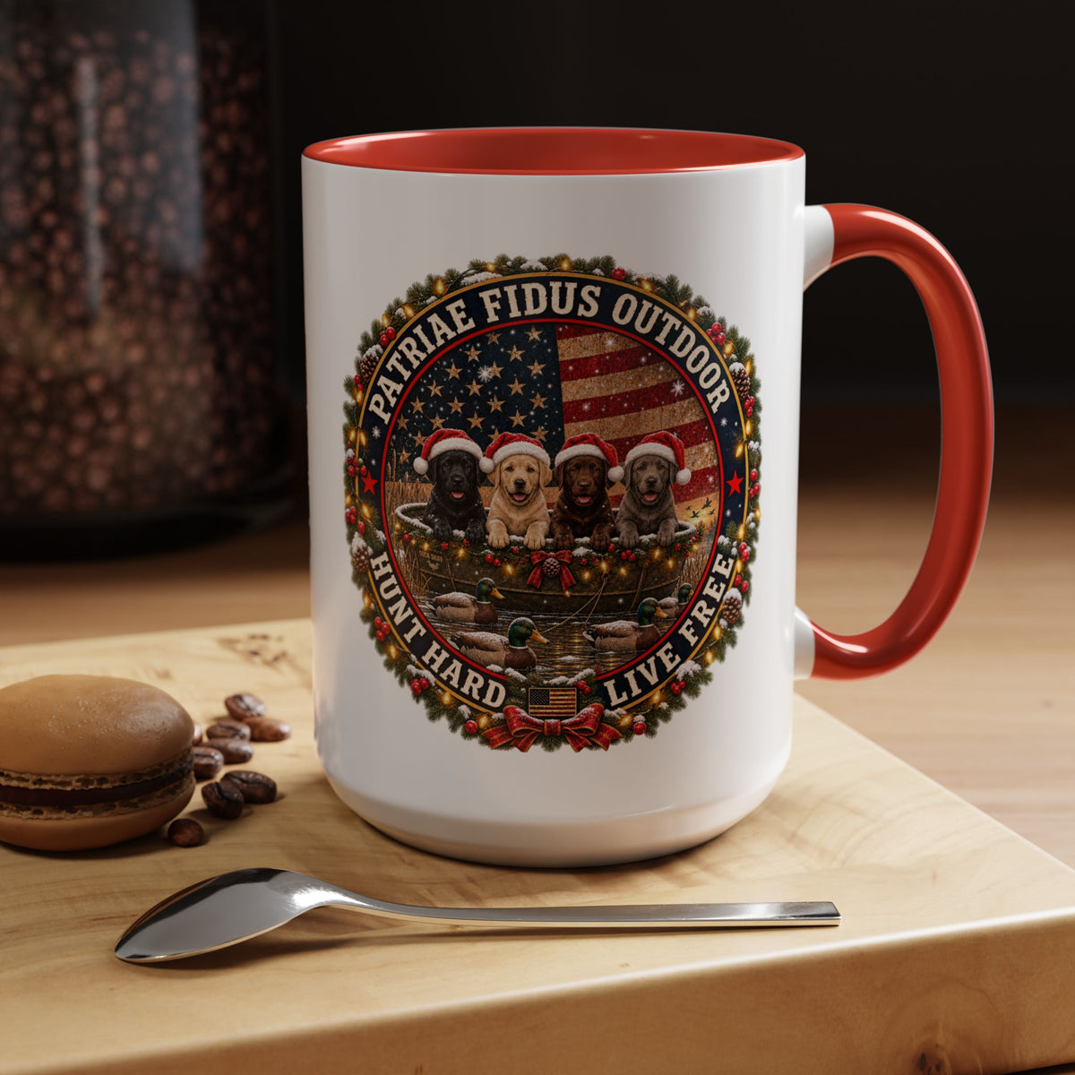 Patriæ Fidus Outdoor Christmas Coffee Mug — "Hunt Hard, Live Free" with Labrador Trio (11/15oz)