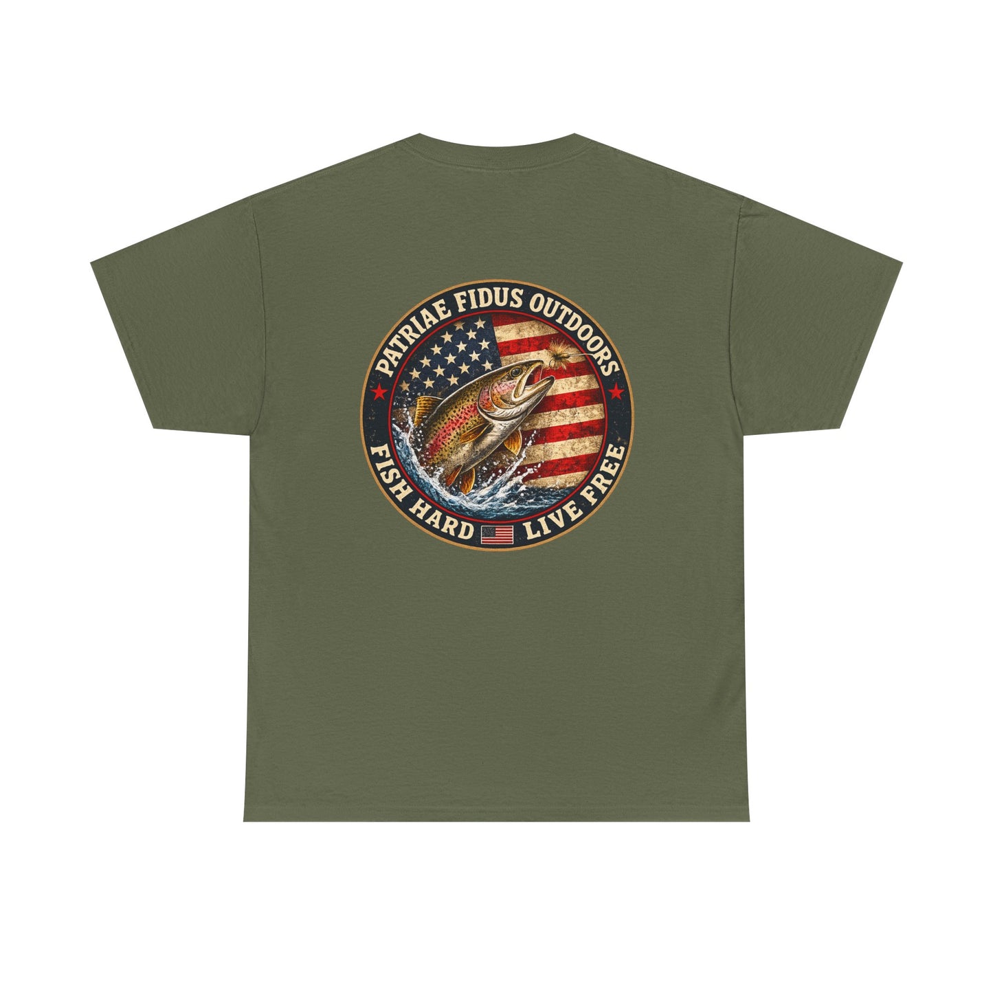 “Fish Hard Live Free” T-Shirt — Trout Patriae Fidus Outdoors American Flag Design