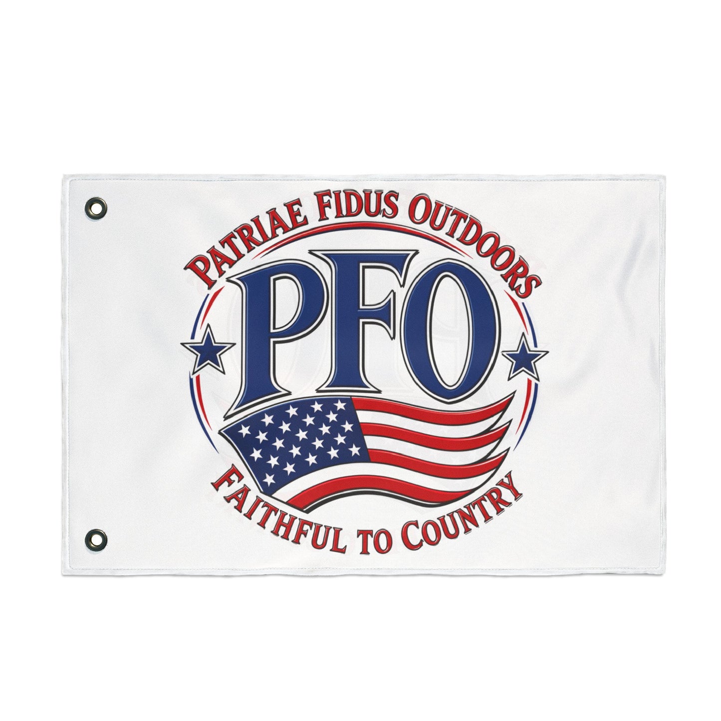 PFO Patriæ Fidus Outdoors Double-Sided Flag — Faithful to Country American Flag Emblem