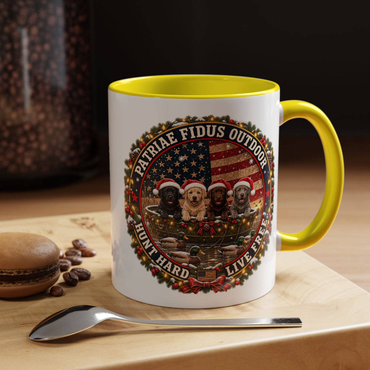 Patriæ Fidus Outdoor Christmas Coffee Mug — "Hunt Hard, Live Free" with Labrador Trio (11/15oz)