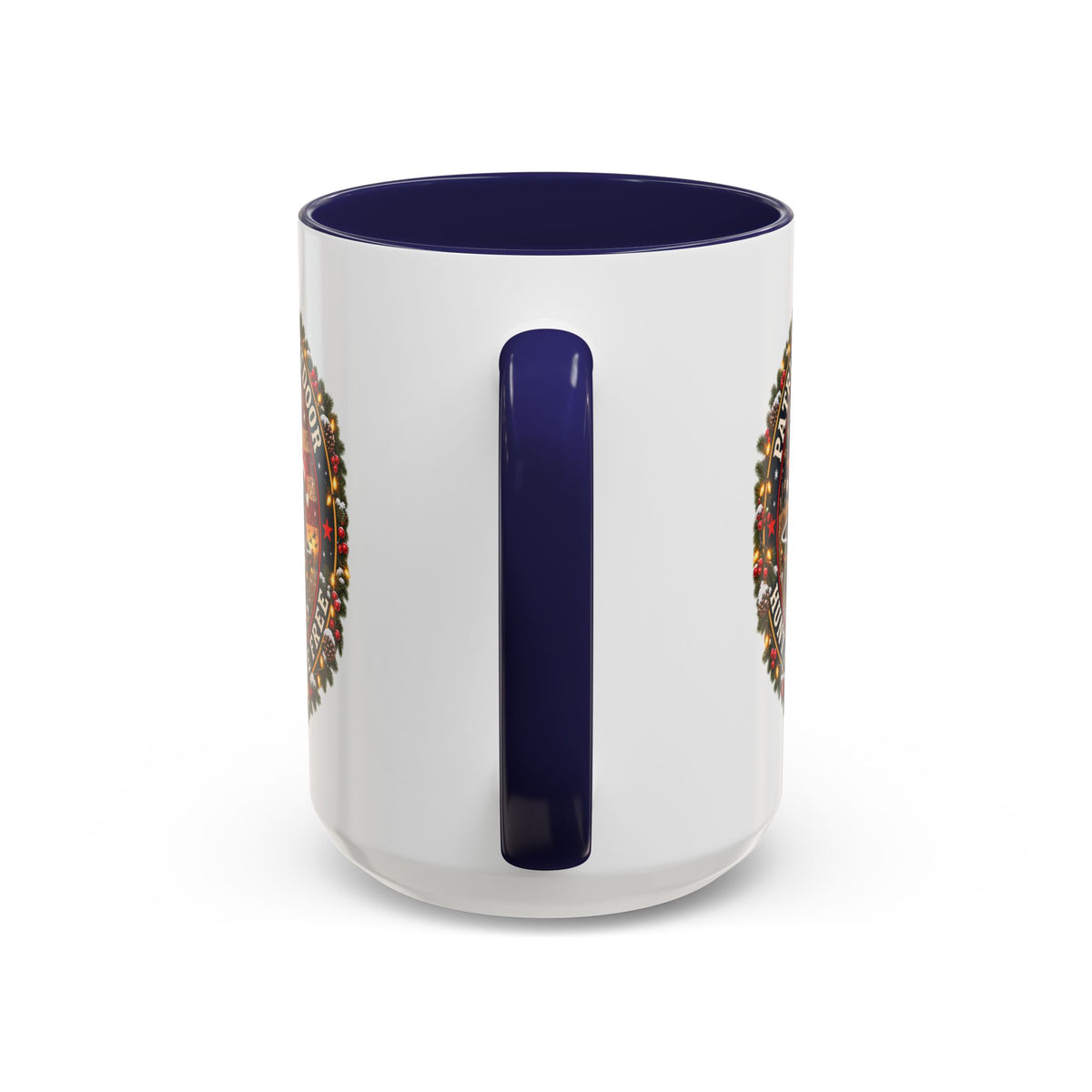 Patriæ Fidus Outdoor Christmas Coffee Mug — "Hunt Hard, Live Free" with Labrador Trio (11/15oz)