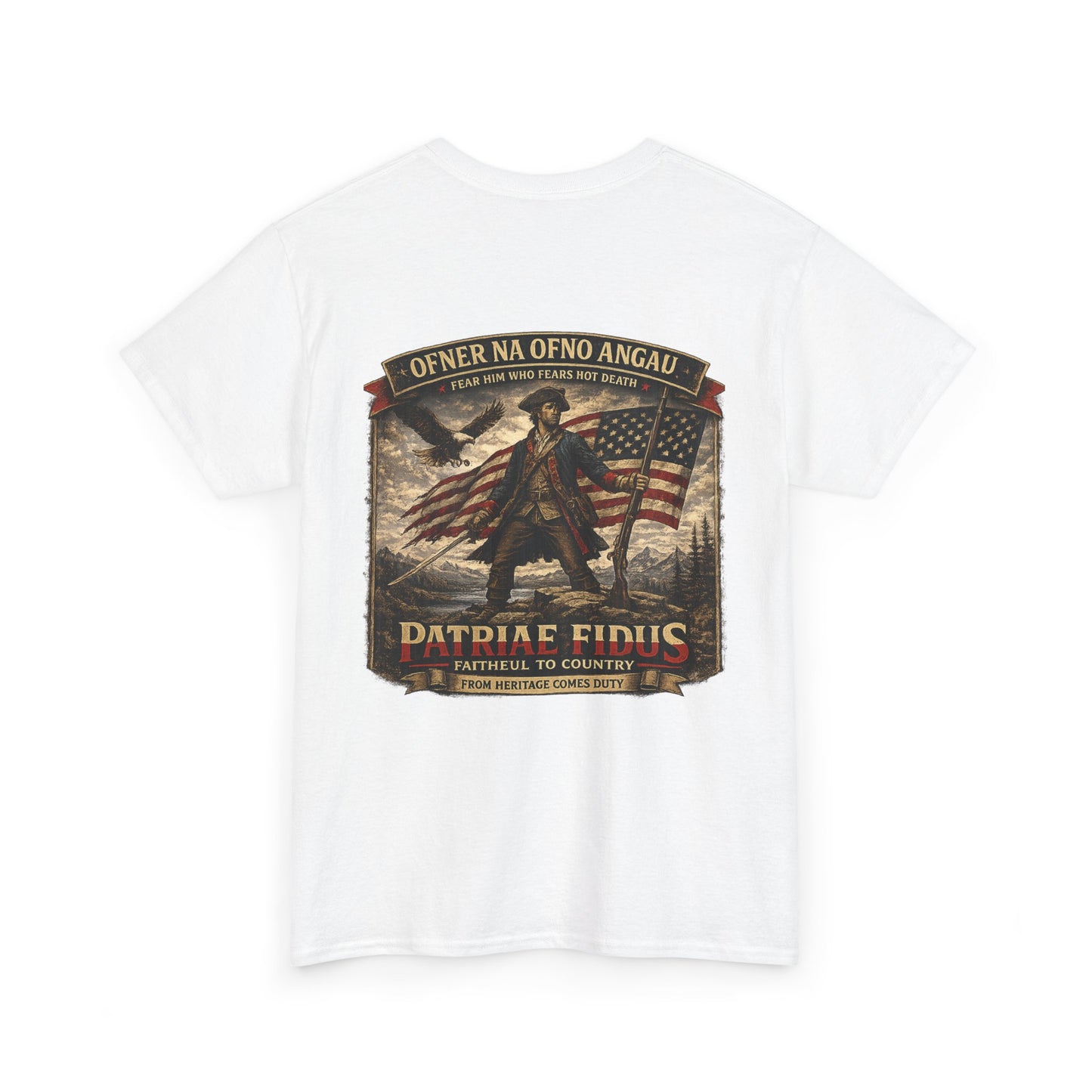 Patriae Fidus Patriotic Tee — Revolutionary Soldier Flag Graphic T‑Shirt