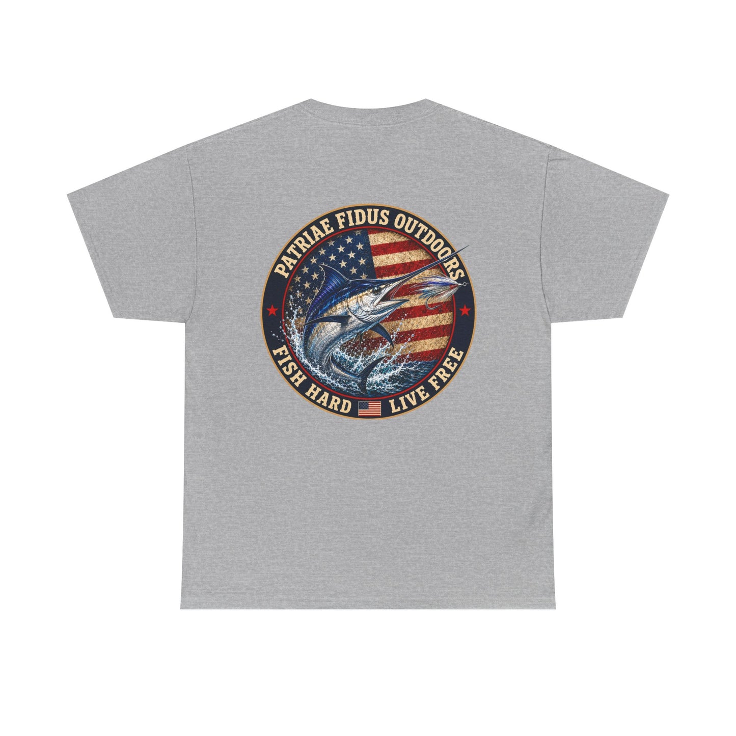 “Fish Hard Live Free” T-Shirt — Marlin Patriae Fidus Outdoors American Flag Design
