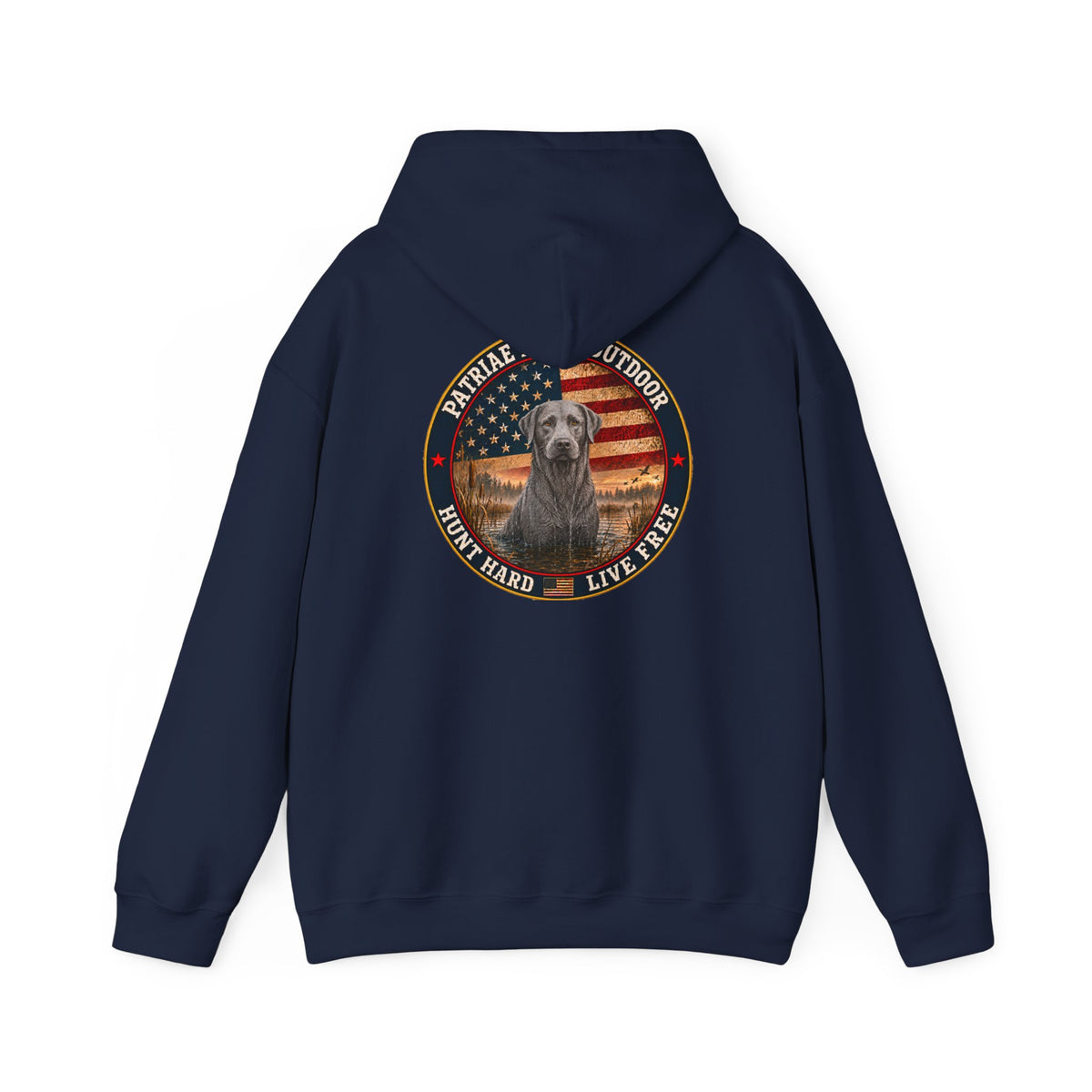 Patriotic Hunting Hoodie — "Hunt Hard Live Free" Retriever Design