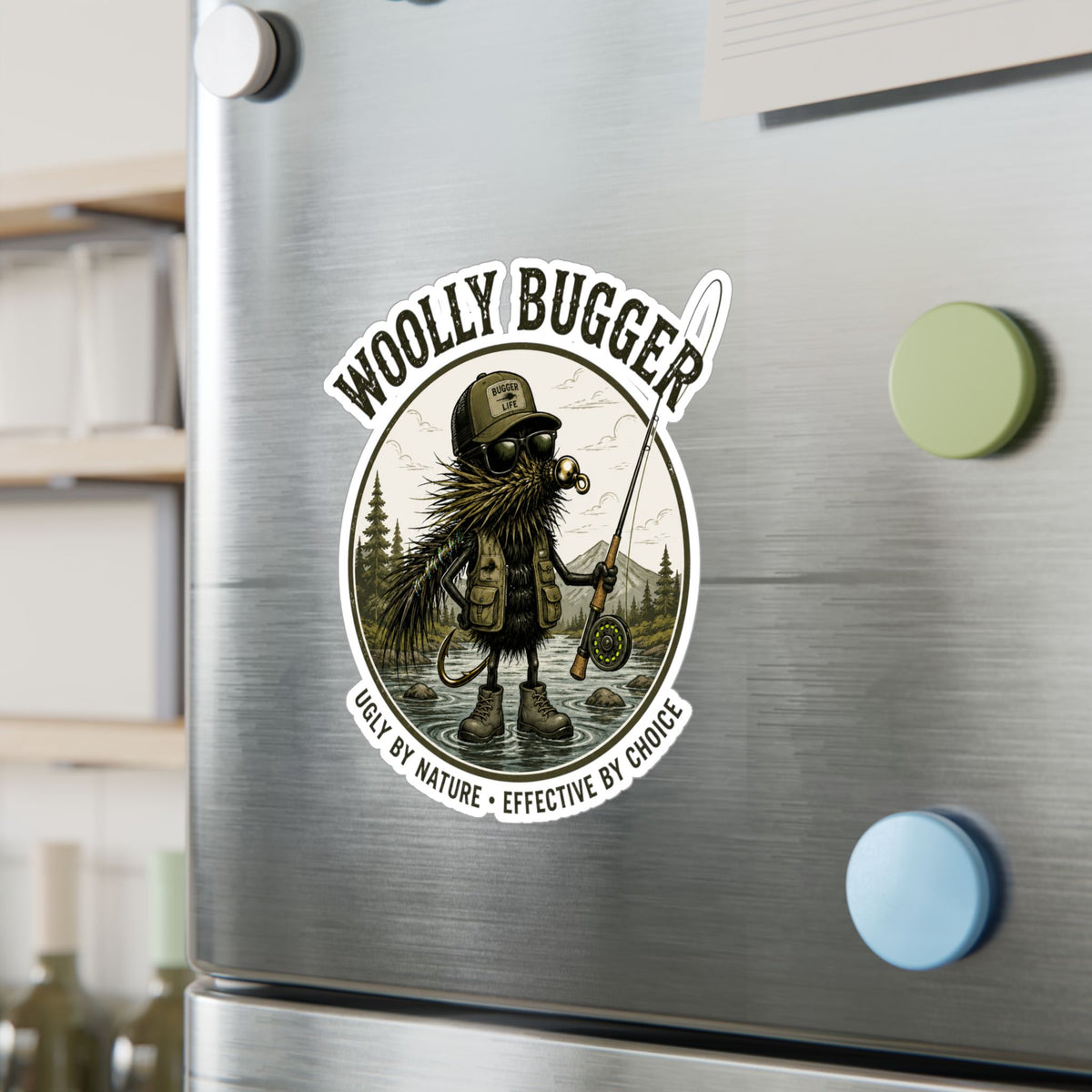 Kiss-Cut Vinyl Decal — "Woolly Bugger" Fly-Fishing Sticker (Ugly by Nature • Outdoor Angler Gift)