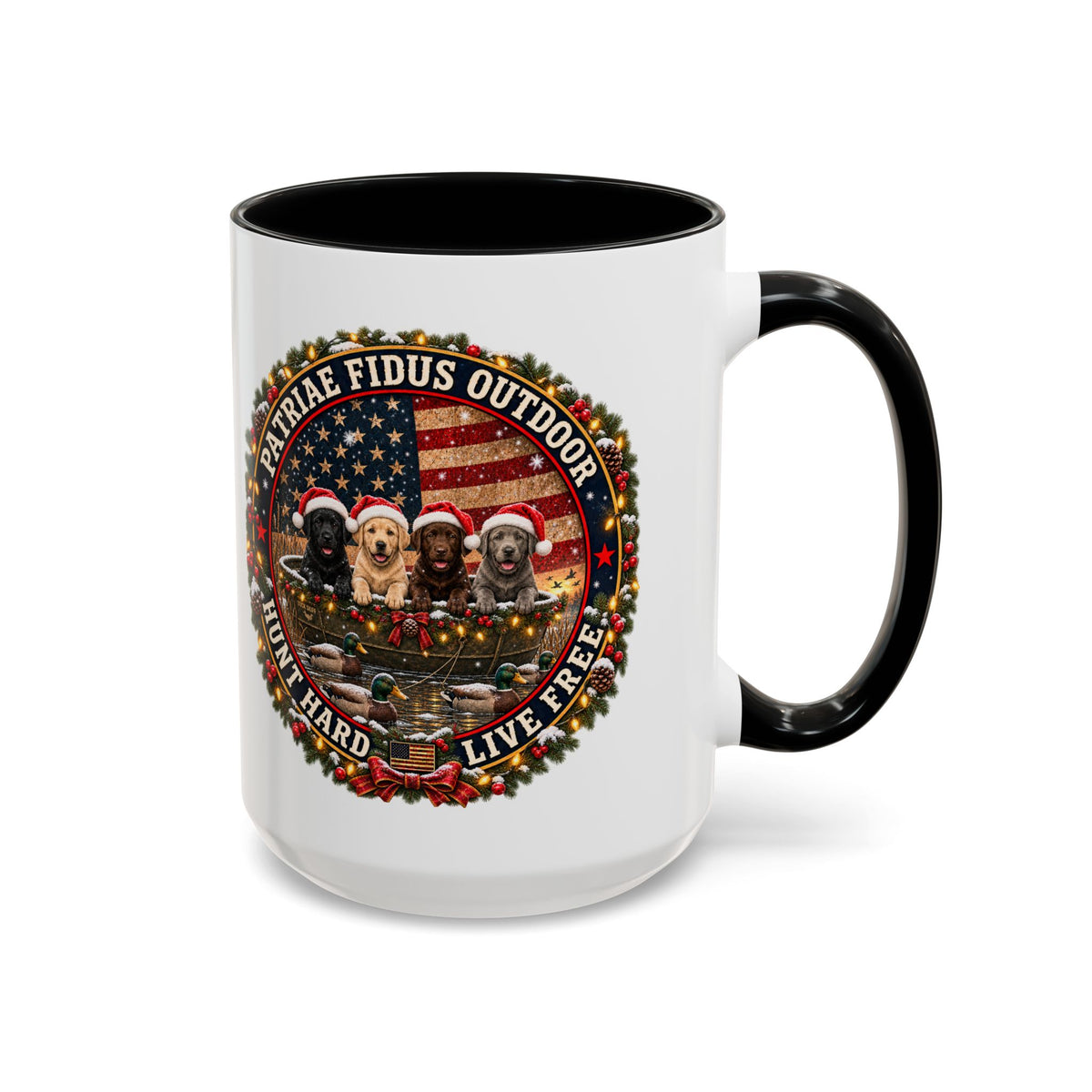 Patriæ Fidus Outdoor Christmas Coffee Mug — "Hunt Hard, Live Free" with Labrador Trio (11/15oz)